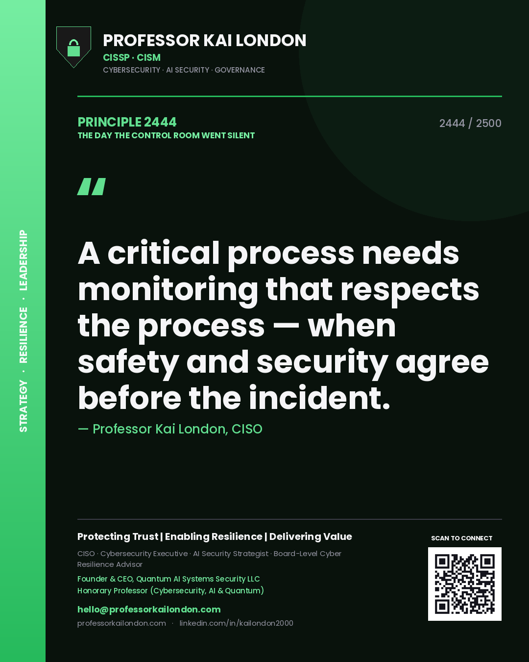 Professor Kai London principle 2444: A critical process needs monitoring that respects the process — when safety and security agree before the incident.