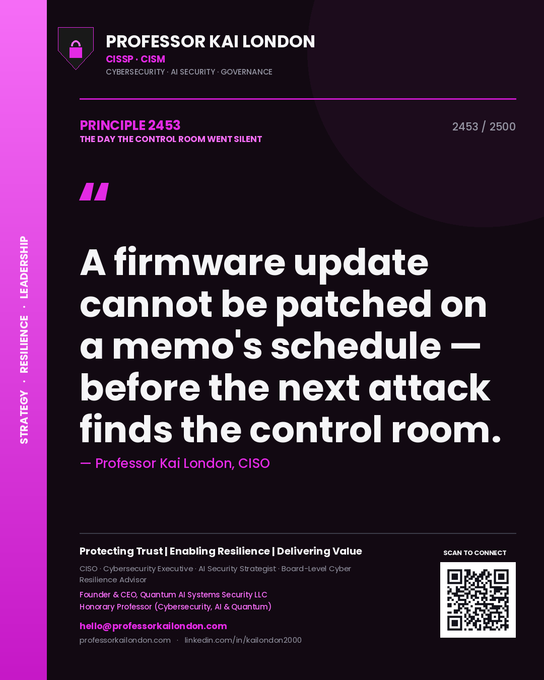 Quote card by Professor Kai London reading 'A firmware update cannot be patched on a memo's schedule — before the next attack finds the control room.'. From the book The Day the Control Room Went Silent.