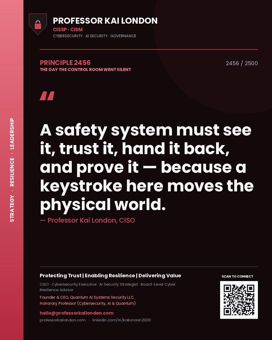Quote card by Professor Kai London reading 'A safety system must see it, trust it, hand it back, and prove it — because a keystroke here moves the physical world.'. From the book The Day the Control Room Went Silent.