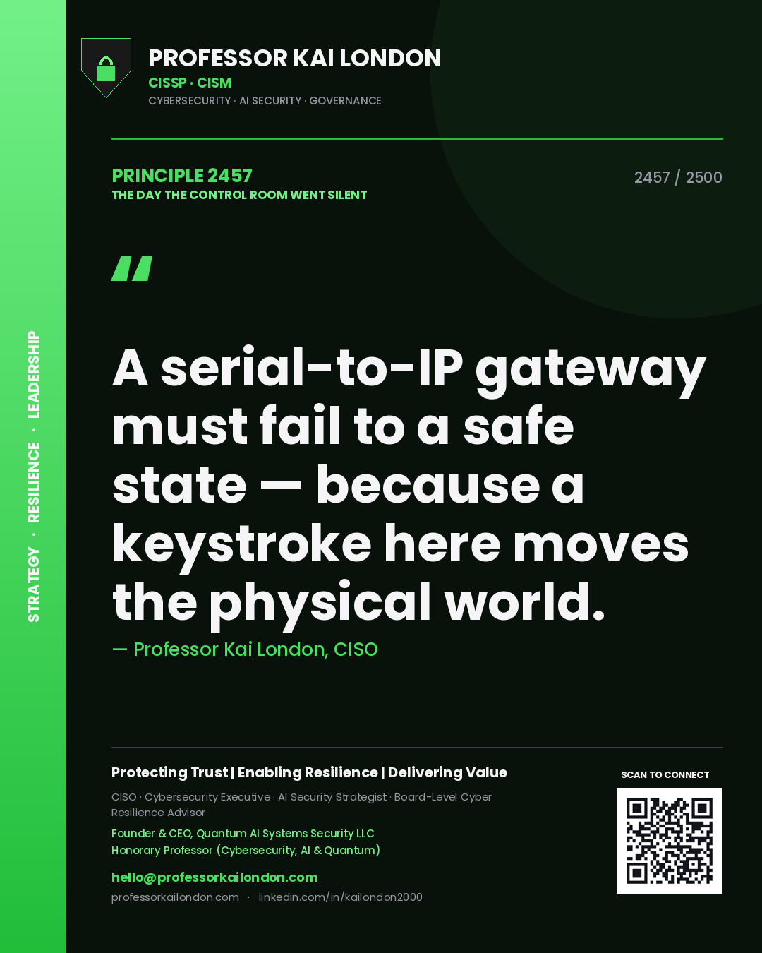 Quote card by Professor Kai London reading 'A serial-to-IP gateway must fail to a safe state — because a keystroke here moves the physical world.'. From the book The Day the Control Room Went Silent.