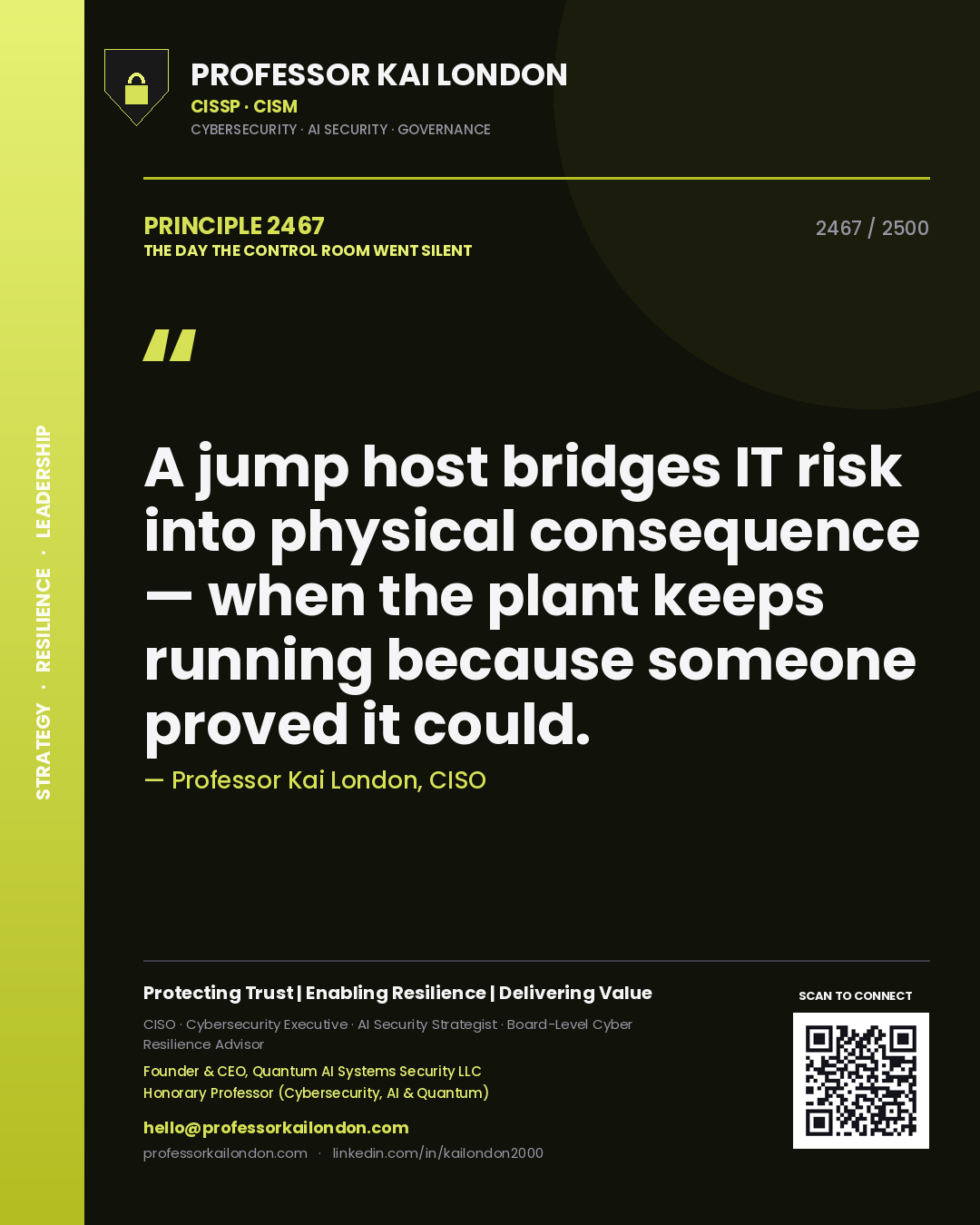 Quote card by Professor Kai London reading 'A jump host bridges IT risk into physical consequence — when the plant keeps running because someone proved it could.'. From the book The Day the Control Room Went Silent.