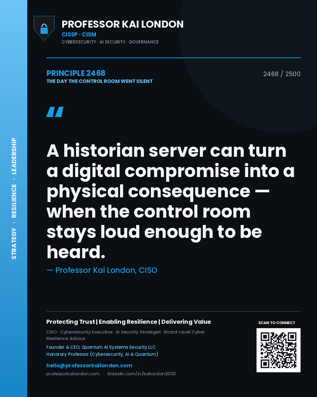 Professor Kai London principle 2468: A historian server can turn a digital compromise into a physical consequence — when the control room stays loud enough to be heard.