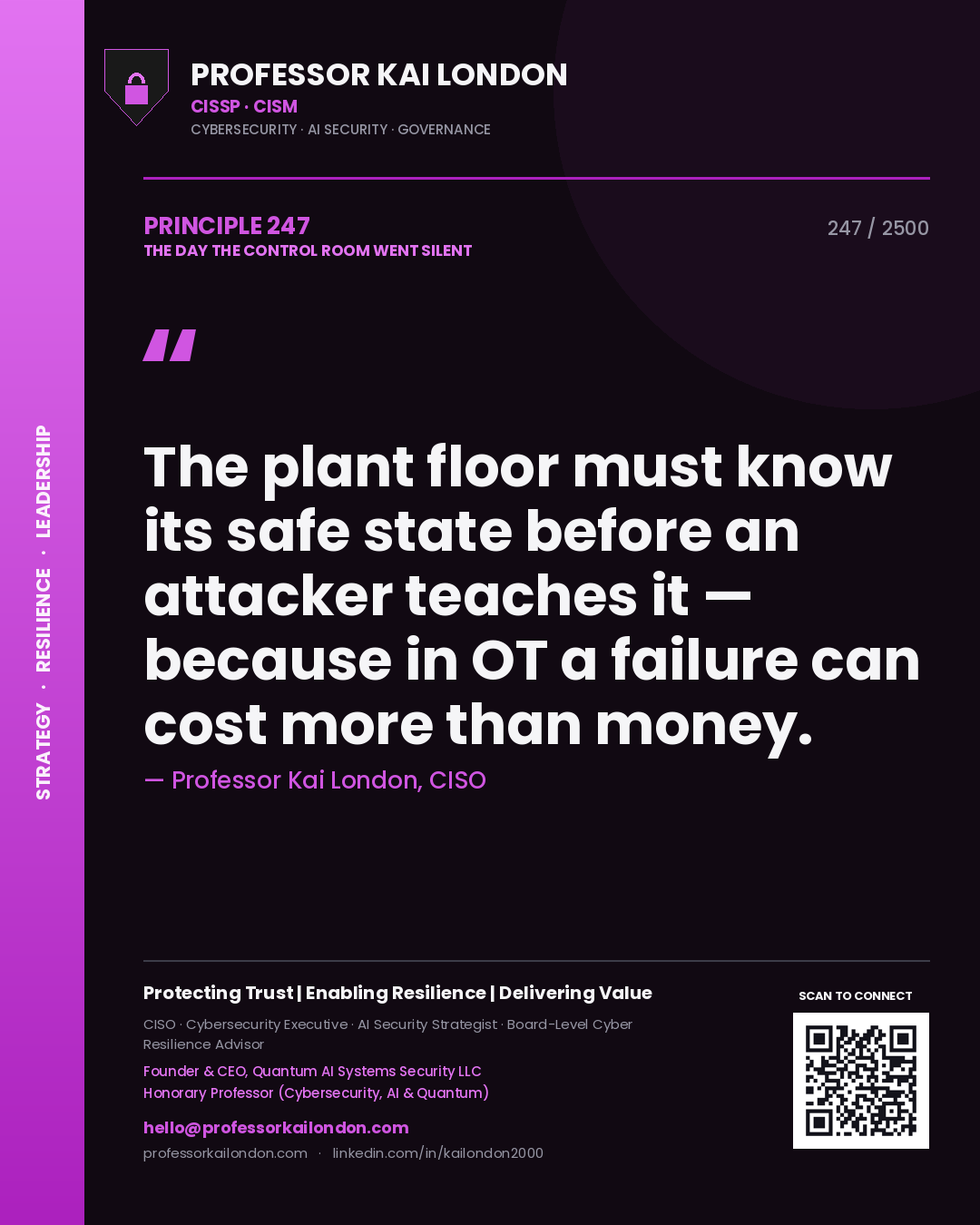 Quote card by Professor Kai London reading 'The plant floor must know its safe state before an attacker teaches it — because in OT a failure can cost more than money.'. From the book The Day the Control Room Went Silent.
