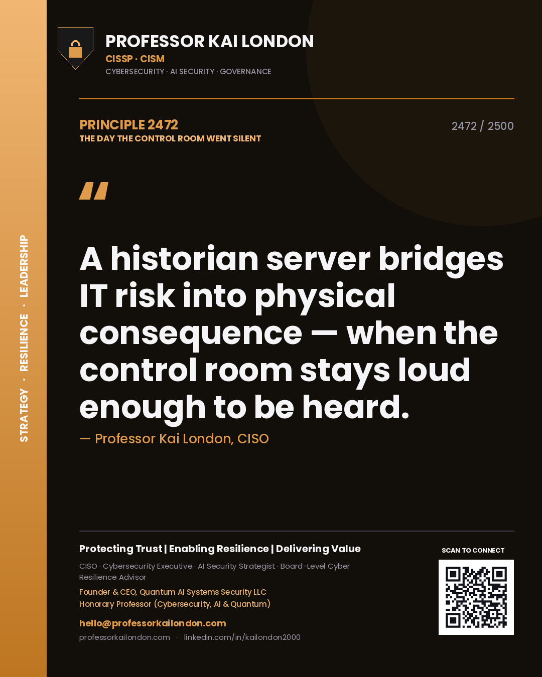 Quote card by Professor Kai London reading 'A historian server bridges IT risk into physical consequence — when the control room stays loud enough to be heard.'. From the book The Day the Control Room Went Silent.