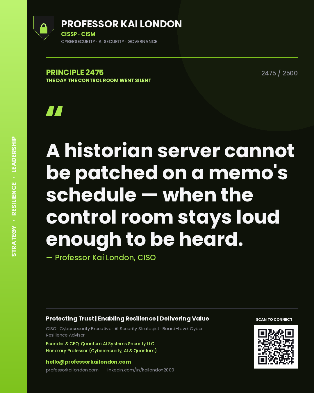 Quote card by Professor Kai London reading 'A historian server cannot be patched on a memo's schedule — when the control room stays loud enough to be heard.'. From the book The Day the Control Room Went Silent.