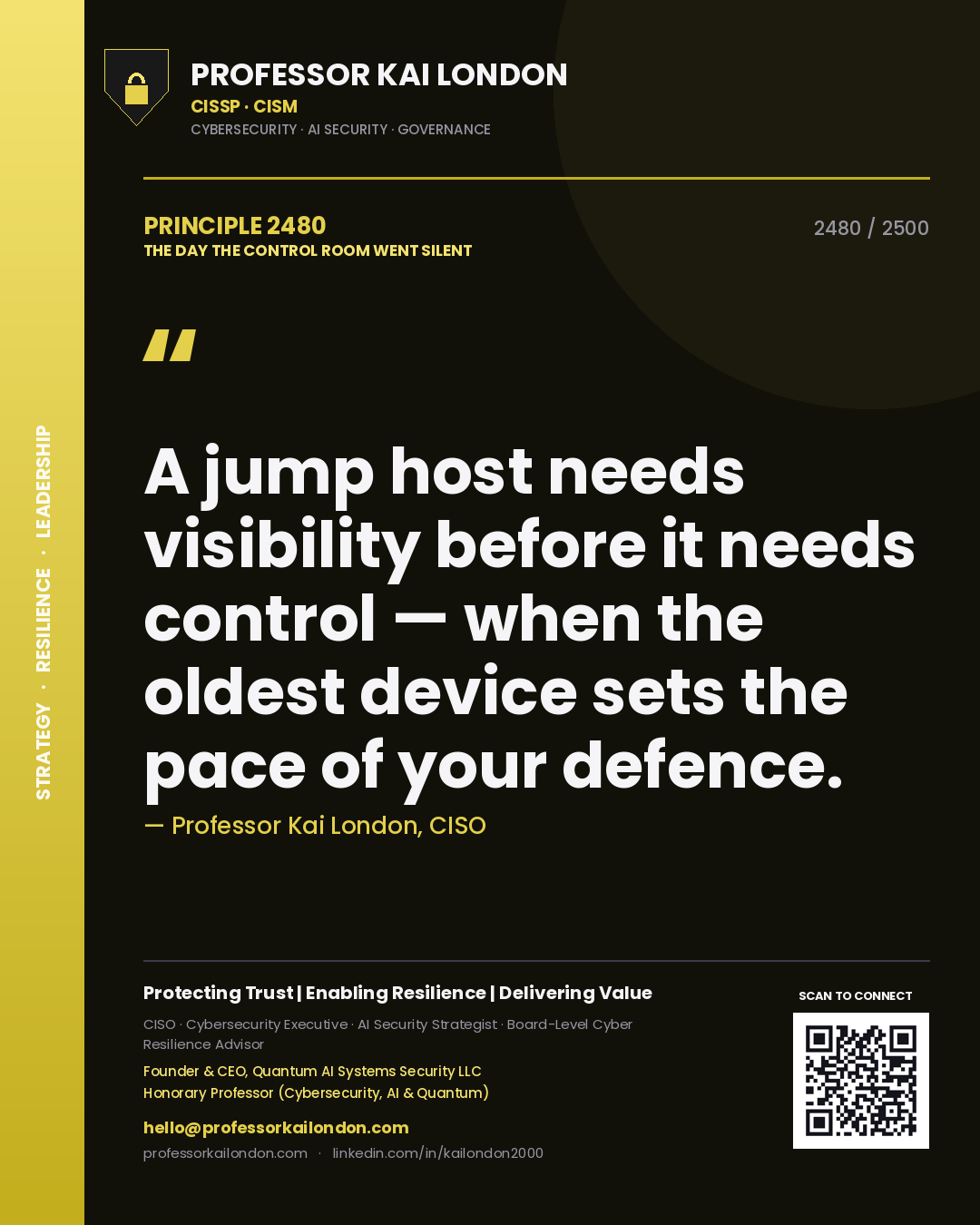 Professor Kai London principle 2480: A jump host needs visibility before it needs control — when the oldest device sets the pace of your defence.