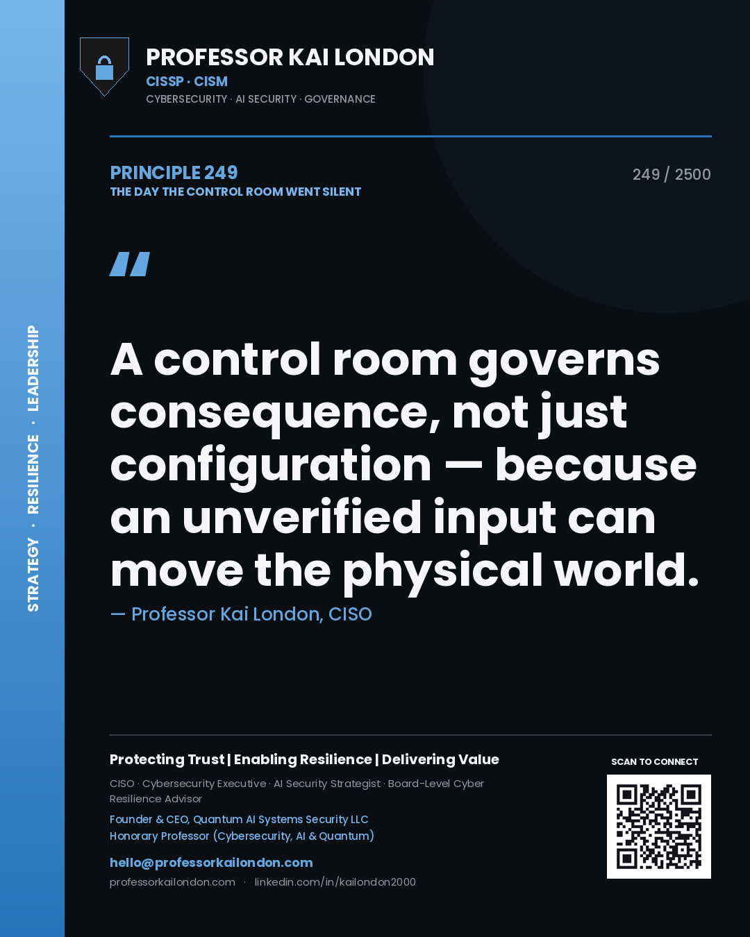 Professor Kai London principle 249: A control room governs consequence, not just configuration — because an unverified input can move the physical world.