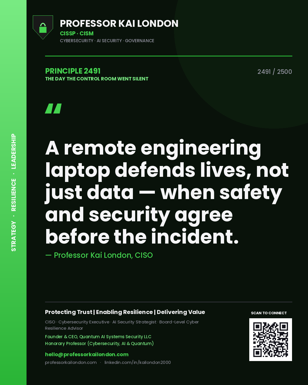Professor Kai London principle 2491: A remote engineering laptop defends lives, not just data — when safety and security agree before the incident.