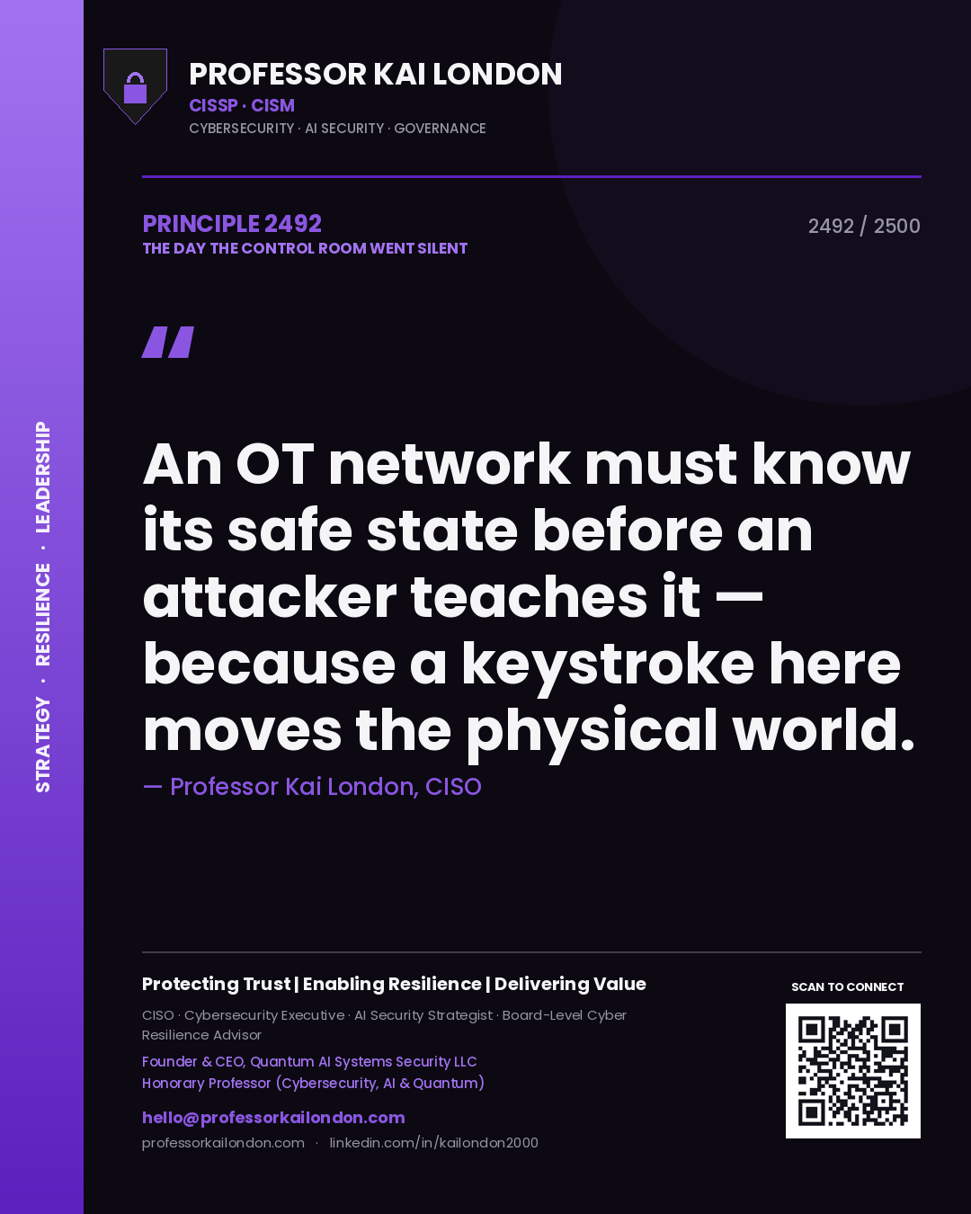 Quote card by Professor Kai London reading 'An OT network must know its safe state before an attacker teaches it — because a keystroke here moves the physical world.'. From the book The Day the Control Room Went Silent.