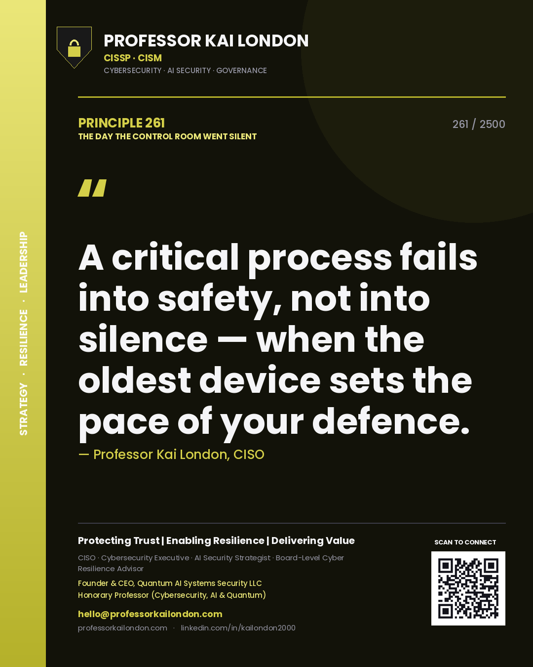Quote card by Professor Kai London reading 'A critical process fails into safety, not into silence — when the oldest device sets the pace of your defence.'. From the book The Day the Control Room Went Silent.