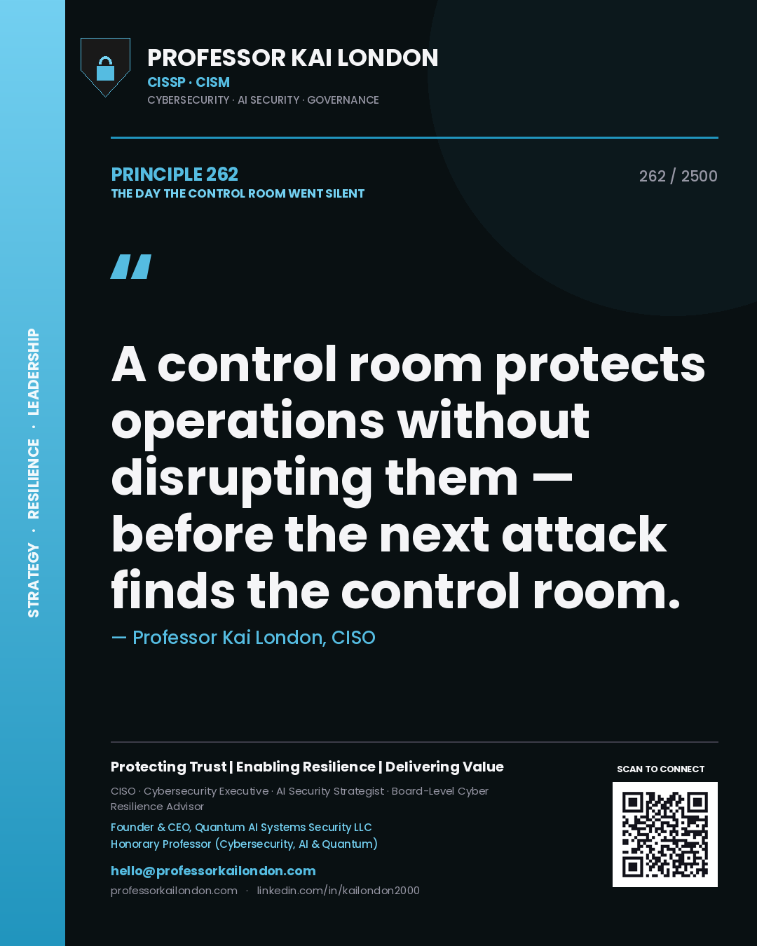 Professor Kai London principle 262: A control room protects operations without disrupting them — before the next attack finds the control room.