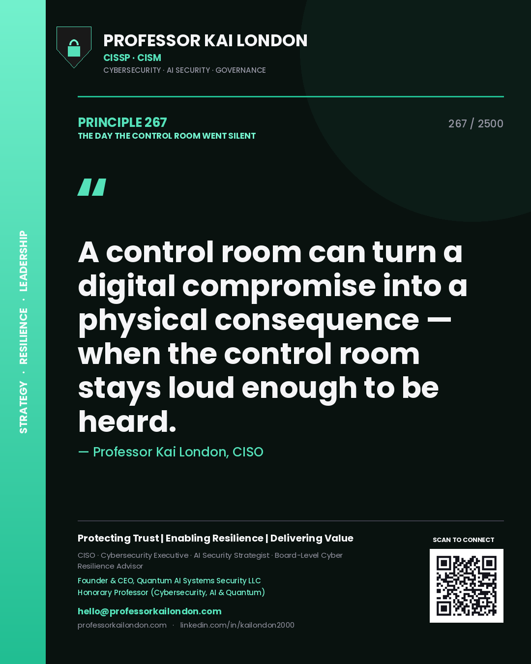 Quote card by Professor Kai London reading 'A control room can turn a digital compromise into a physical consequence — when the control room stays loud enough to be heard.'. From the book The Day the Control Room Went Silent.