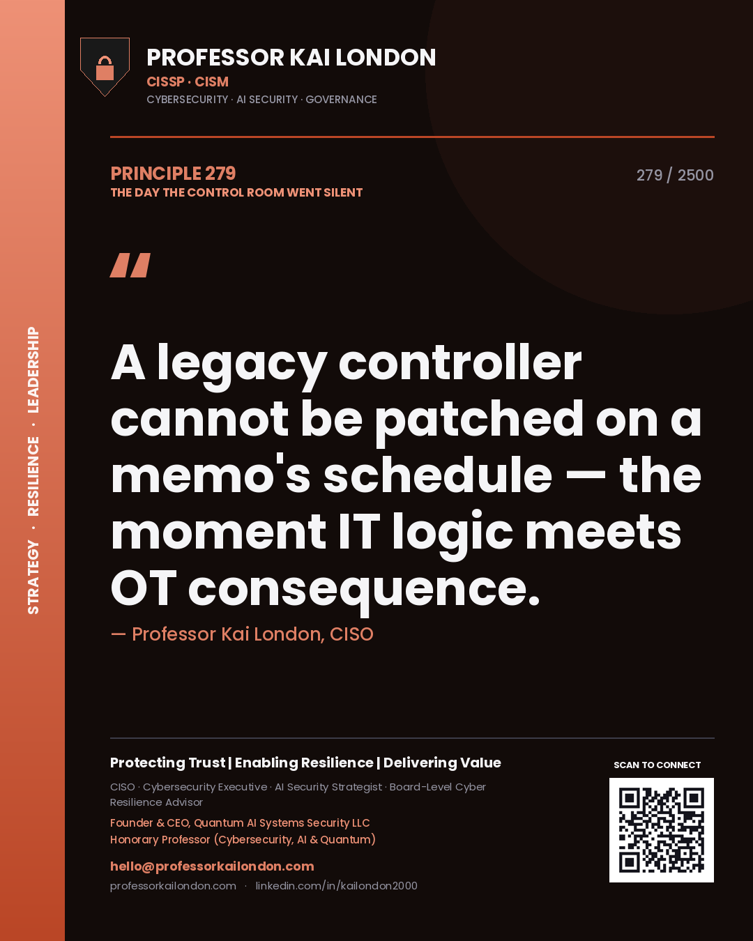 Quote card by Professor Kai London reading 'A legacy controller cannot be patched on a memo's schedule — the moment IT logic meets OT consequence.'. From the book The Day the Control Room Went Silent.
