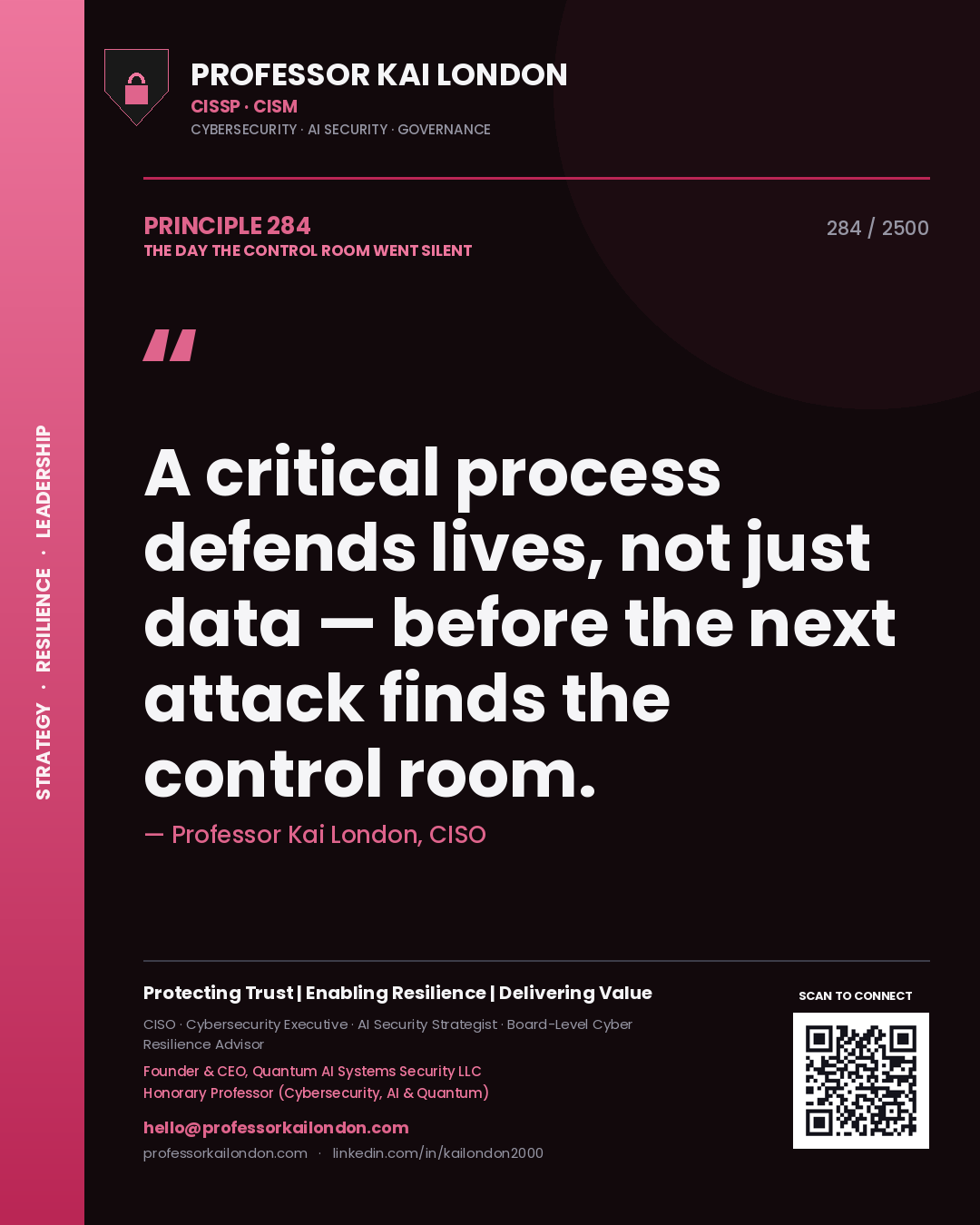 Quote card by Professor Kai London reading 'A critical process defends lives, not just data — before the next attack finds the control room.'. From the book The Day the Control Room Went Silent.