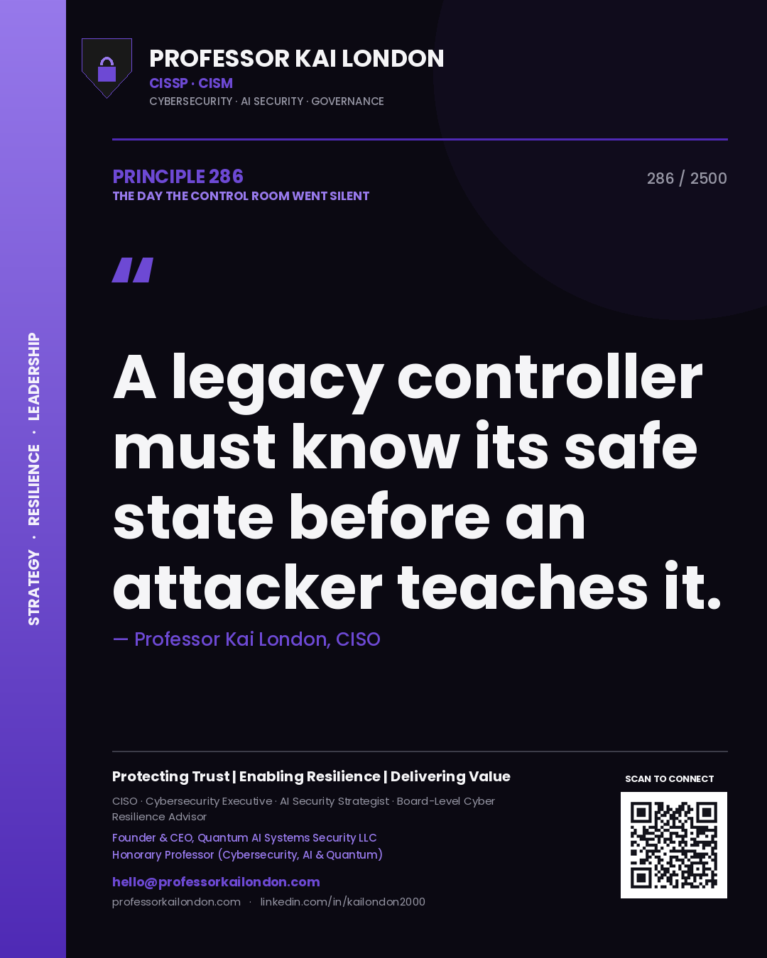 Quote card by Professor Kai London reading 'A legacy controller must know its safe state before an attacker teaches it.'. From the book The Day the Control Room Went Silent.