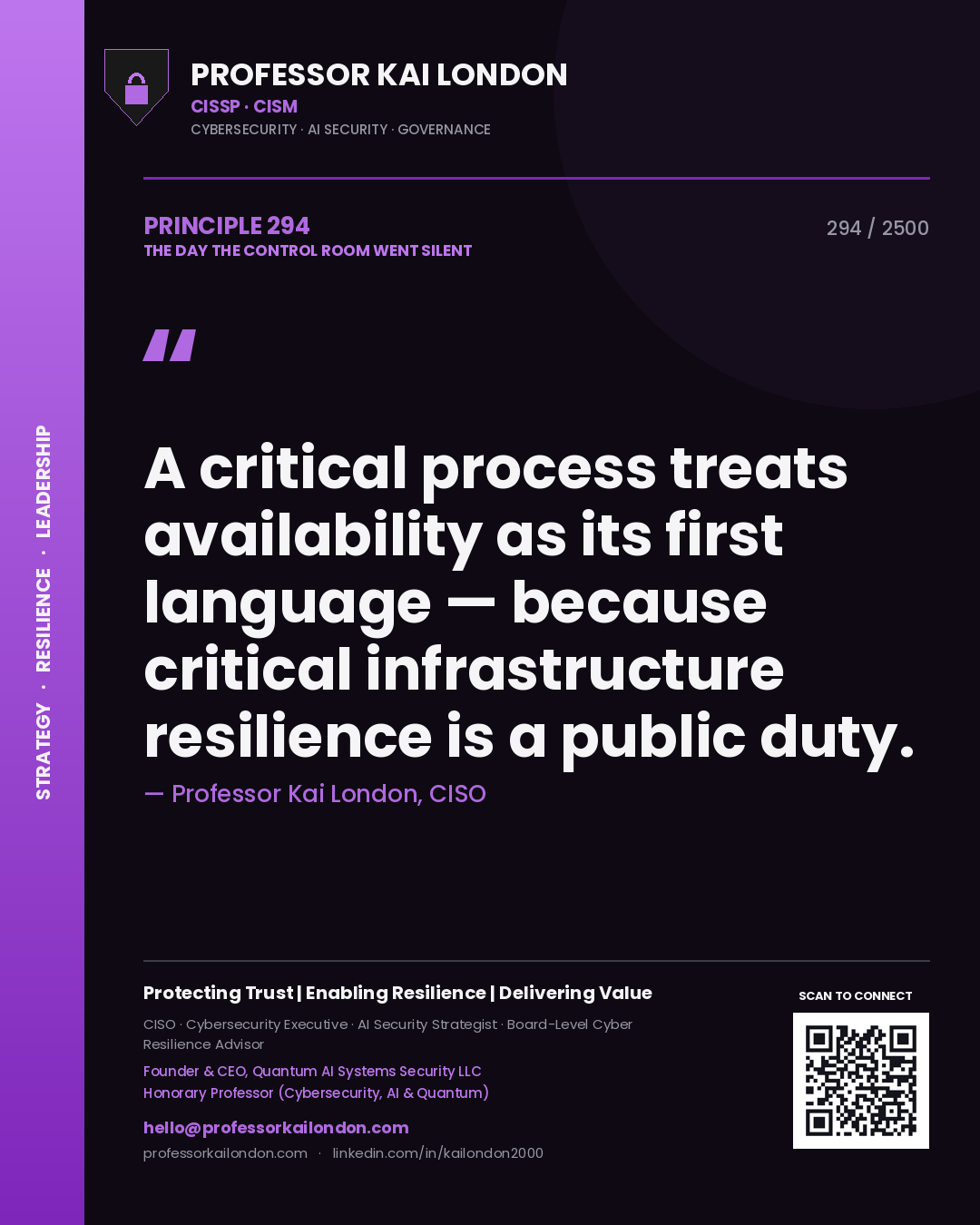 Professor Kai London principle 294: A critical process treats availability as its first language — because critical infrastructure resilience is a public duty.