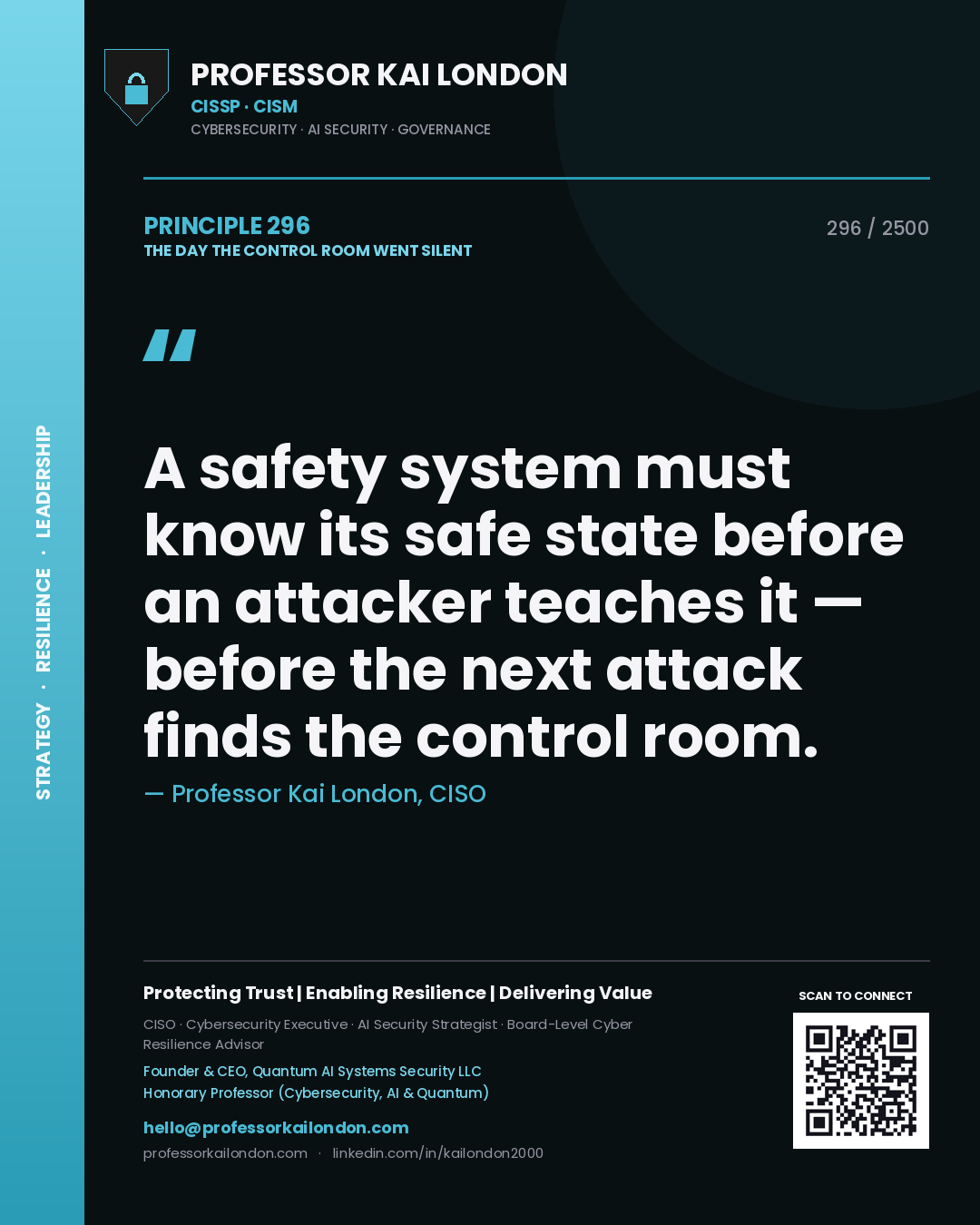 Quote card by Professor Kai London reading 'A safety system must know its safe state before an attacker teaches it — before the next attack finds the control room.'. From the book The Day the Control Room Went Silent.