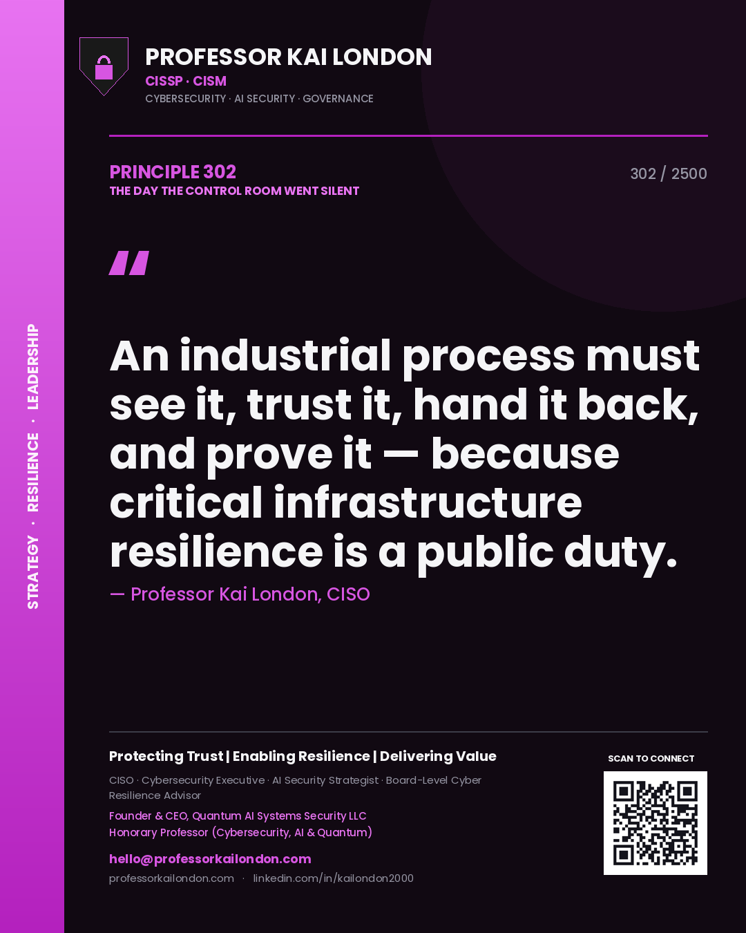 Quote card by Professor Kai London reading 'An industrial process must see it, trust it, hand it back, and prove it — because critical infrastructure resilience is a public duty.'. From the book The Day the Control Room Went Silent.