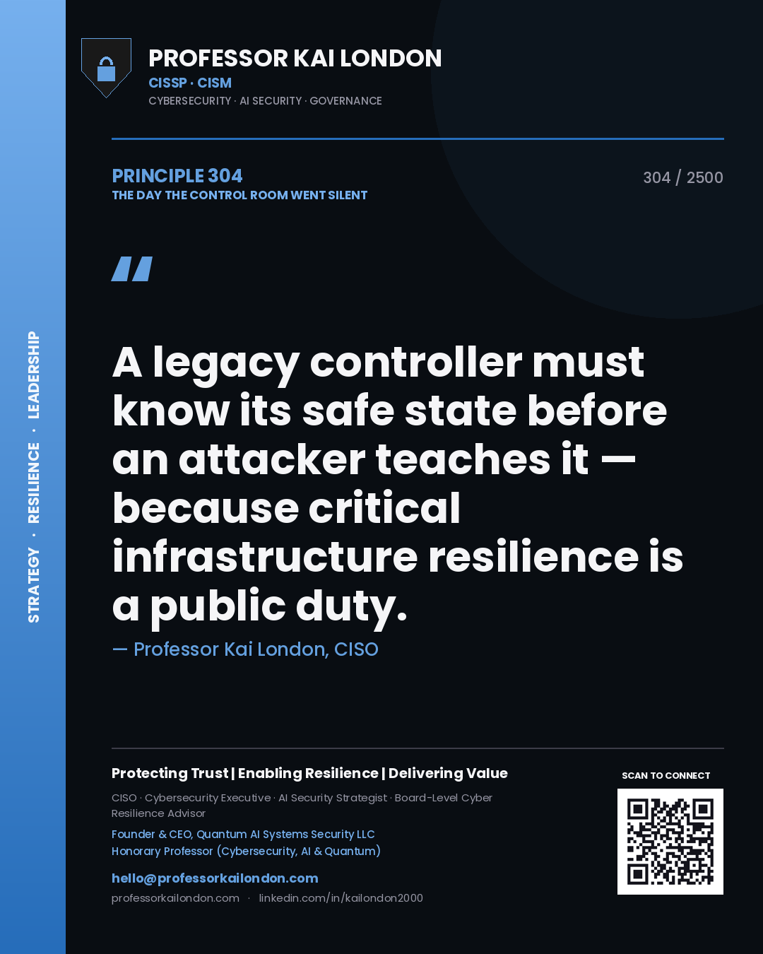 Quote card by Professor Kai London reading 'A legacy controller must know its safe state before an attacker teaches it — because critical infrastructure resilience is a public duty.'. From the book The Day the Control Room Went Silent.