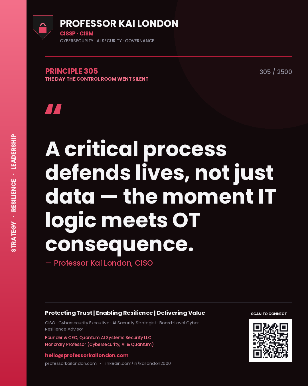 Professor Kai London principle 305: A critical process defends lives, not just data — the moment IT logic meets OT consequence.