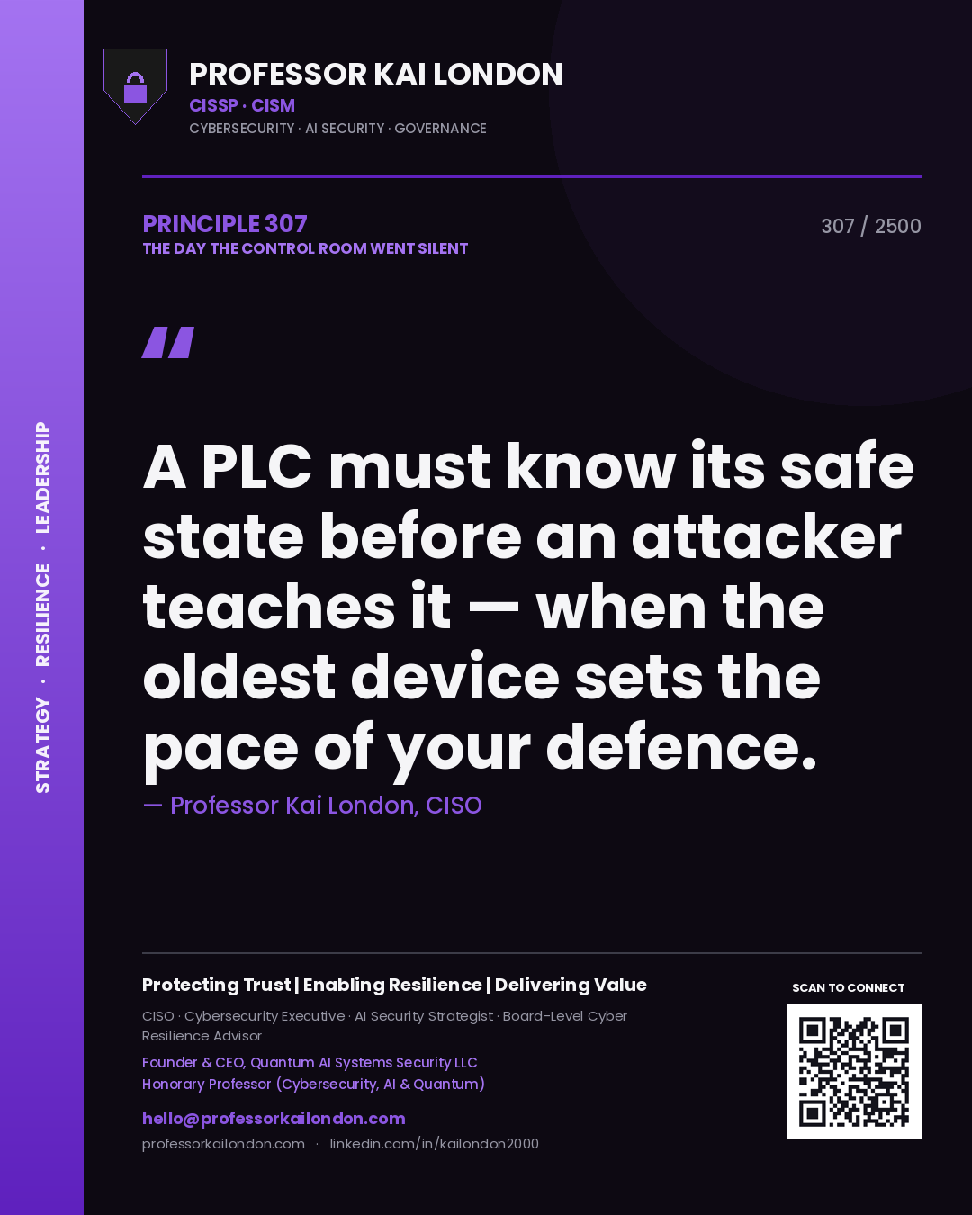 Quote card by Professor Kai London reading 'A PLC must know its safe state before an attacker teaches it — when the oldest device sets the pace of your defence.'. From the book The Day the Control Room Went Silent.