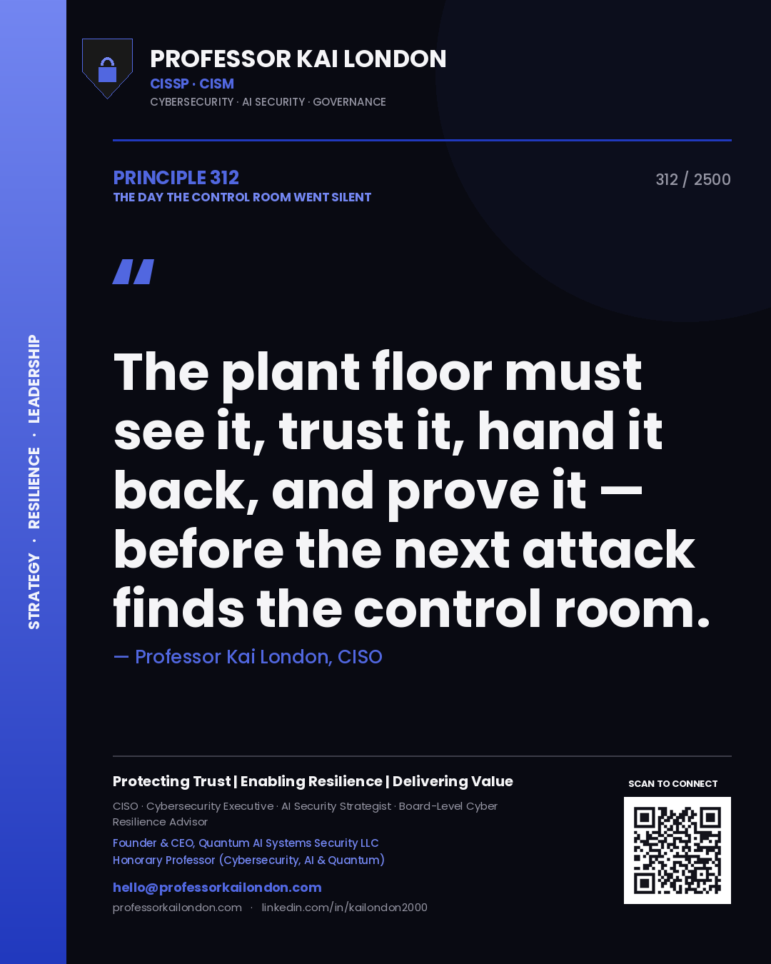 Quote card by Professor Kai London reading 'The plant floor must see it, trust it, hand it back, and prove it — before the next attack finds the control room.'. From the book The Day the Control Room Went Silent.