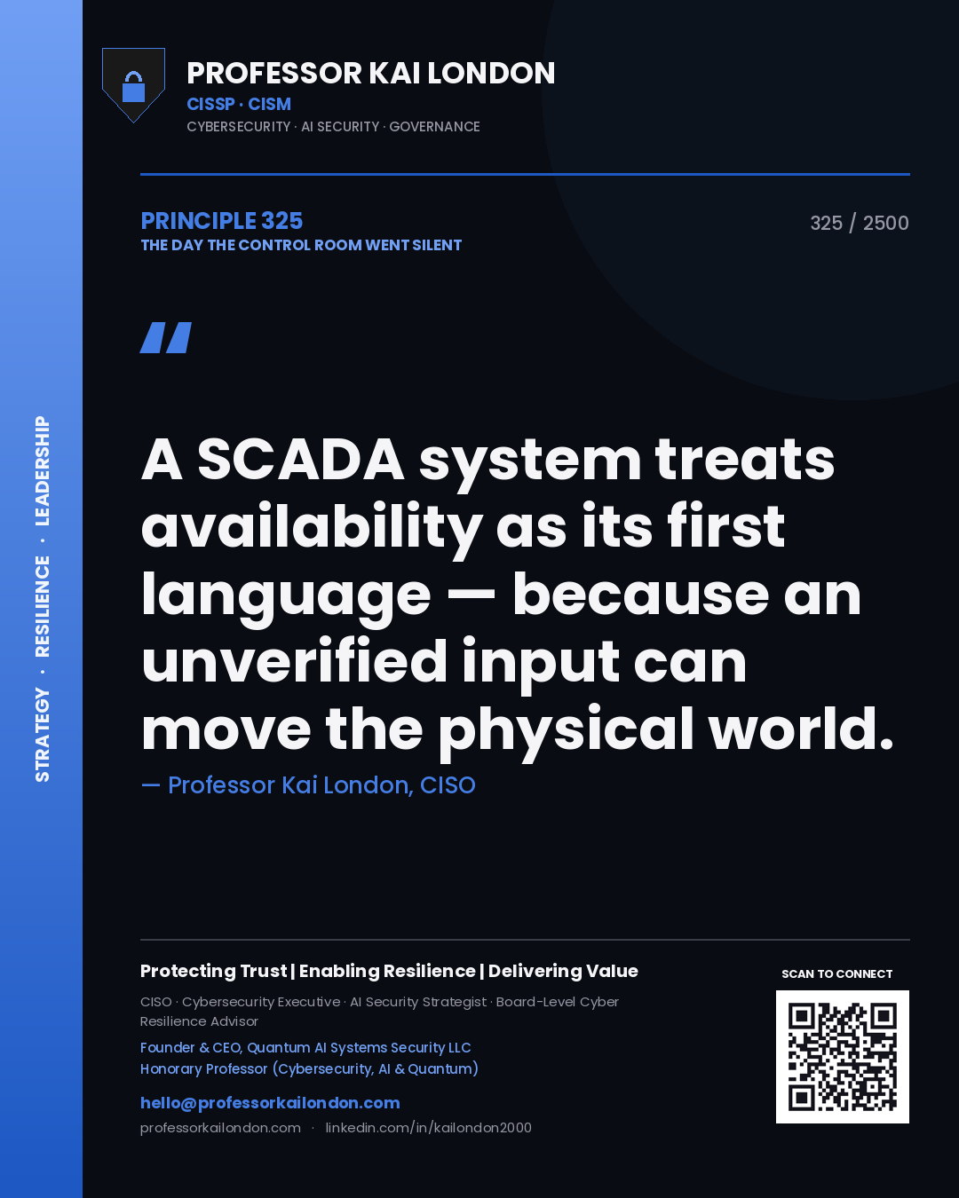 Quote card by Professor Kai London reading 'A SCADA system treats availability as its first language — because an unverified input can move the physical world.'. From the book The Day the Control Room Went Silent.