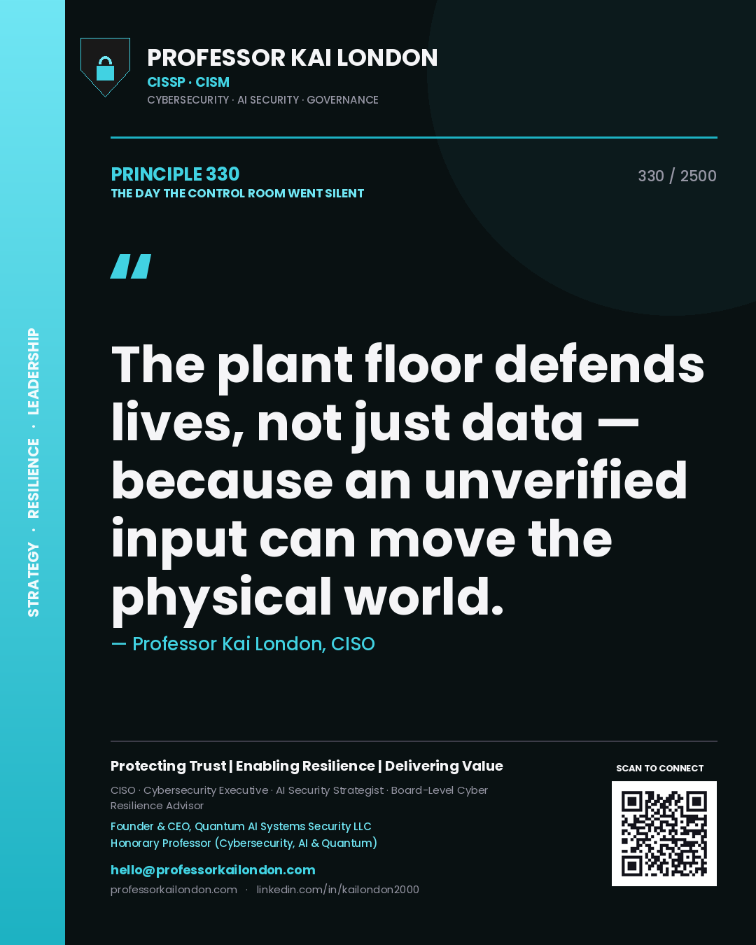 Quote card by Professor Kai London reading 'The plant floor defends lives, not just data — because an unverified input can move the physical world.'. From the book The Day the Control Room Went Silent.