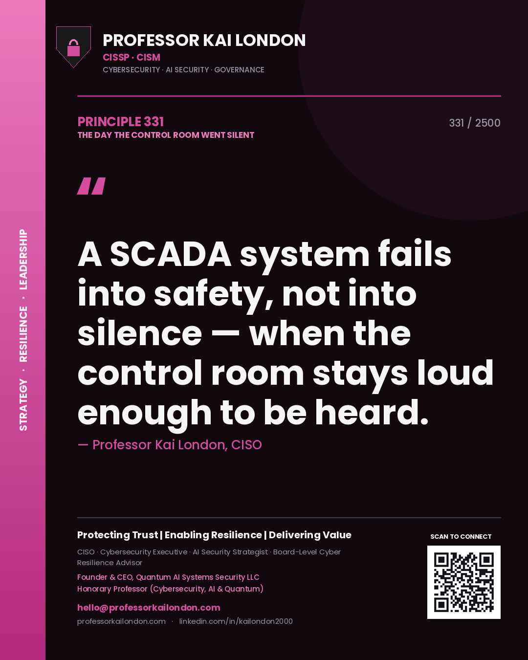 Quote card by Professor Kai London reading 'A SCADA system fails into safety, not into silence — when the control room stays loud enough to be heard.'. From the book The Day the Control Room Went Silent.