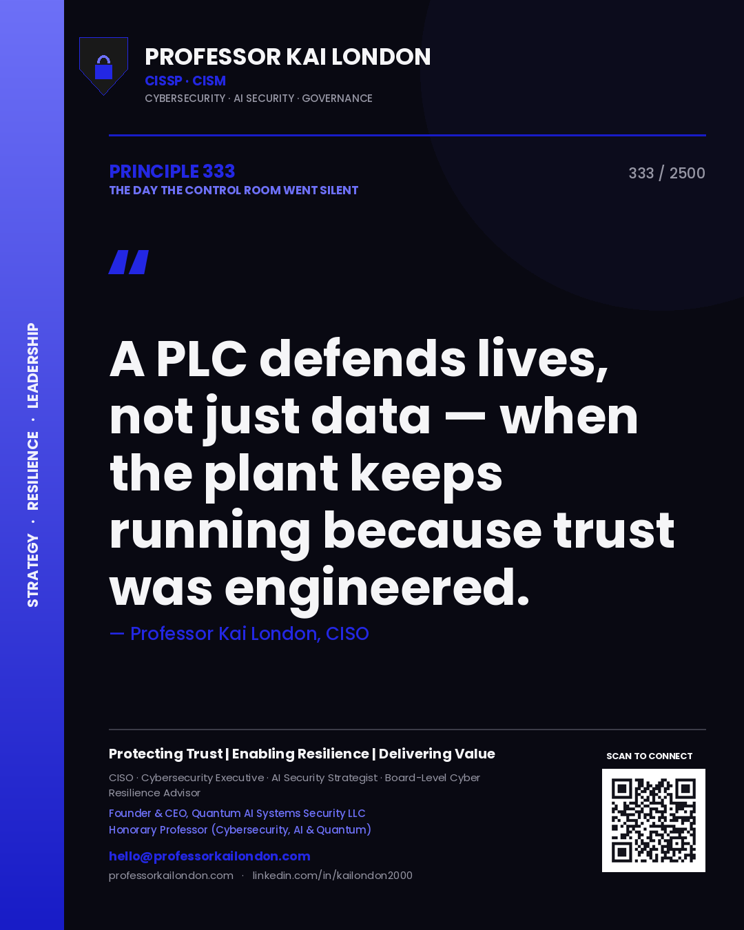 Quote card by Professor Kai London reading 'A PLC defends lives, not just data — when the plant keeps running because trust was engineered.'. From the book The Day the Control Room Went Silent.