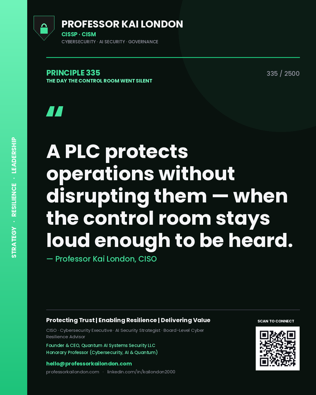 Quote card by Professor Kai London reading 'A PLC protects operations without disrupting them — when the control room stays loud enough to be heard.'. From the book The Day the Control Room Went Silent.