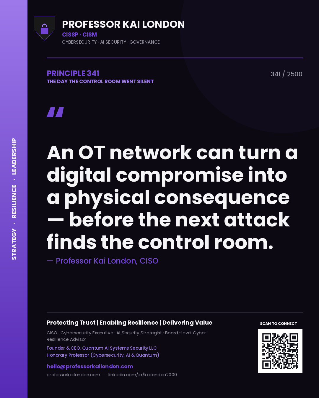 Quote card by Professor Kai London reading 'An OT network can turn a digital compromise into a physical consequence — before the next attack finds the control room.'. From the book The Day the Control Room Went Silent.