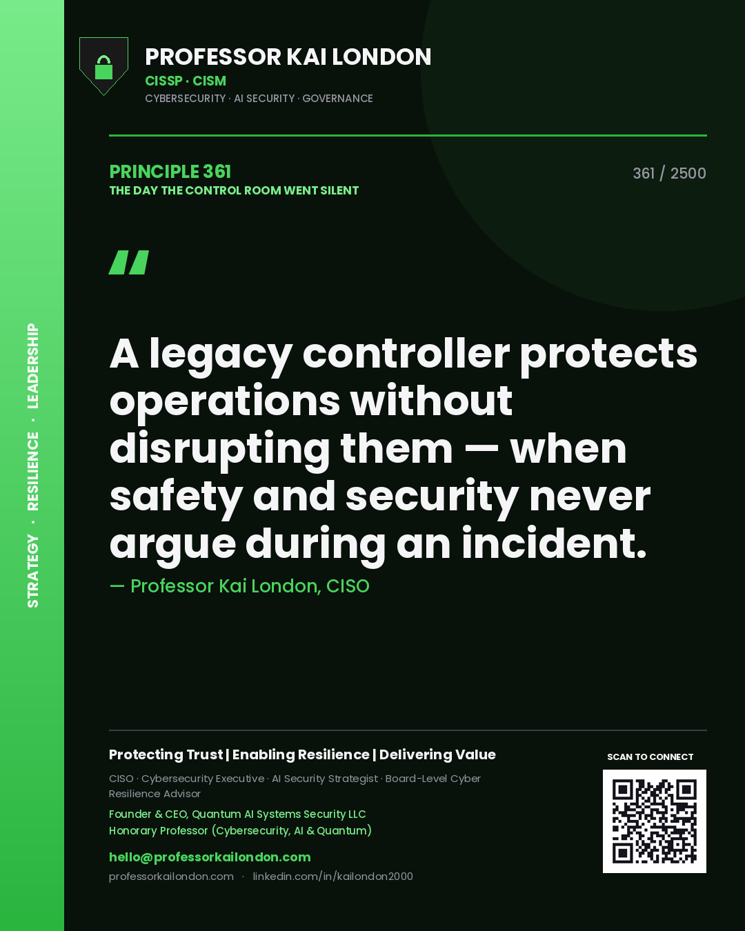 Quote card by Professor Kai London reading 'A legacy controller protects operations without disrupting them — when safety and security never argue during an incident.'. From the book The Day the Control Room Went Silent.