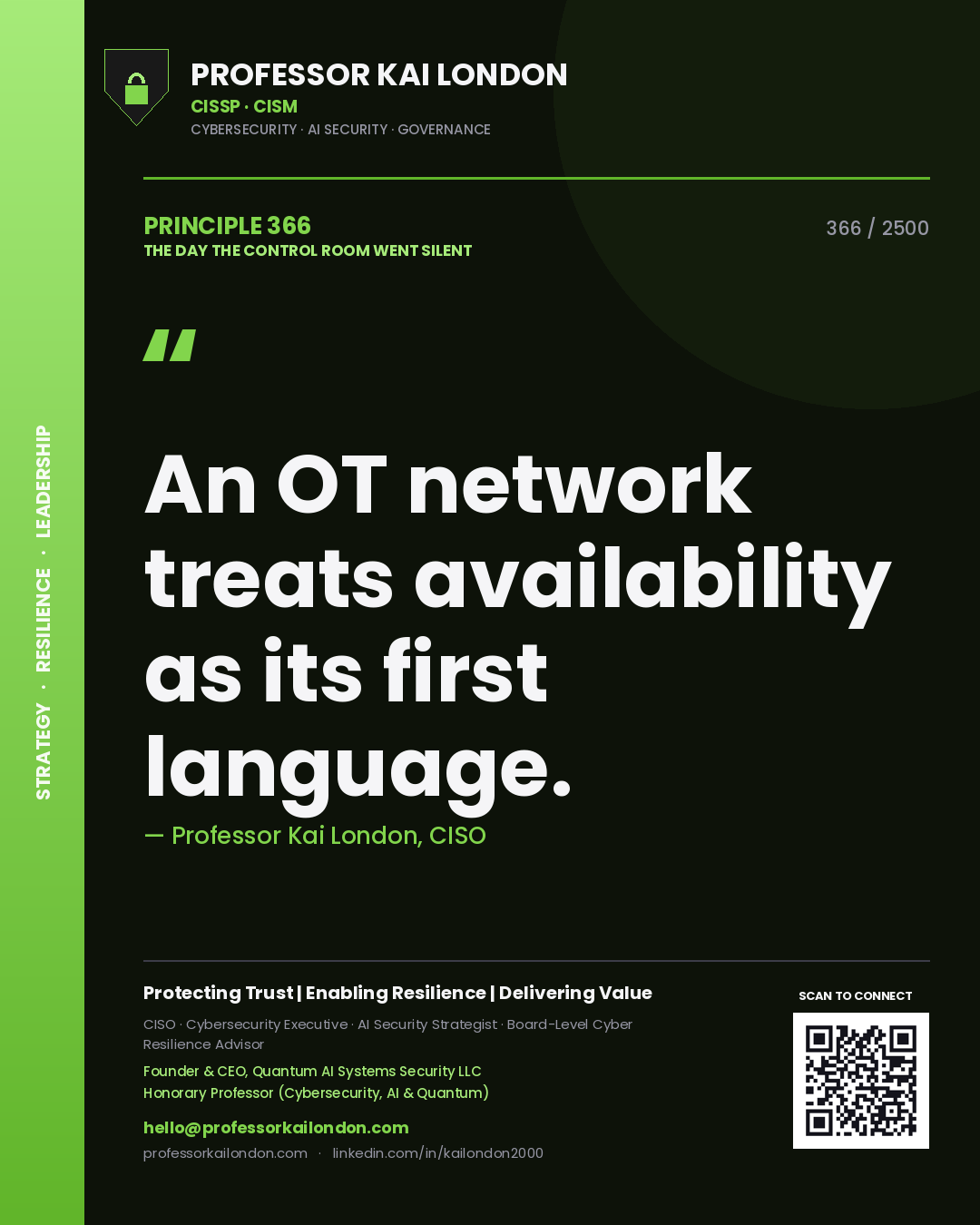 Quote card by Professor Kai London reading 'An OT network treats availability as its first language.'. From the book The Day the Control Room Went Silent.