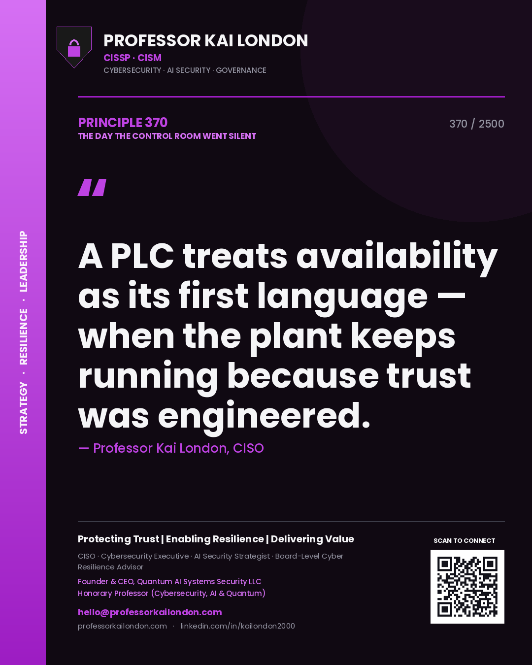 Quote card by Professor Kai London reading 'A PLC treats availability as its first language — when the plant keeps running because trust was engineered.'. From the book The Day the Control Room Went Silent.