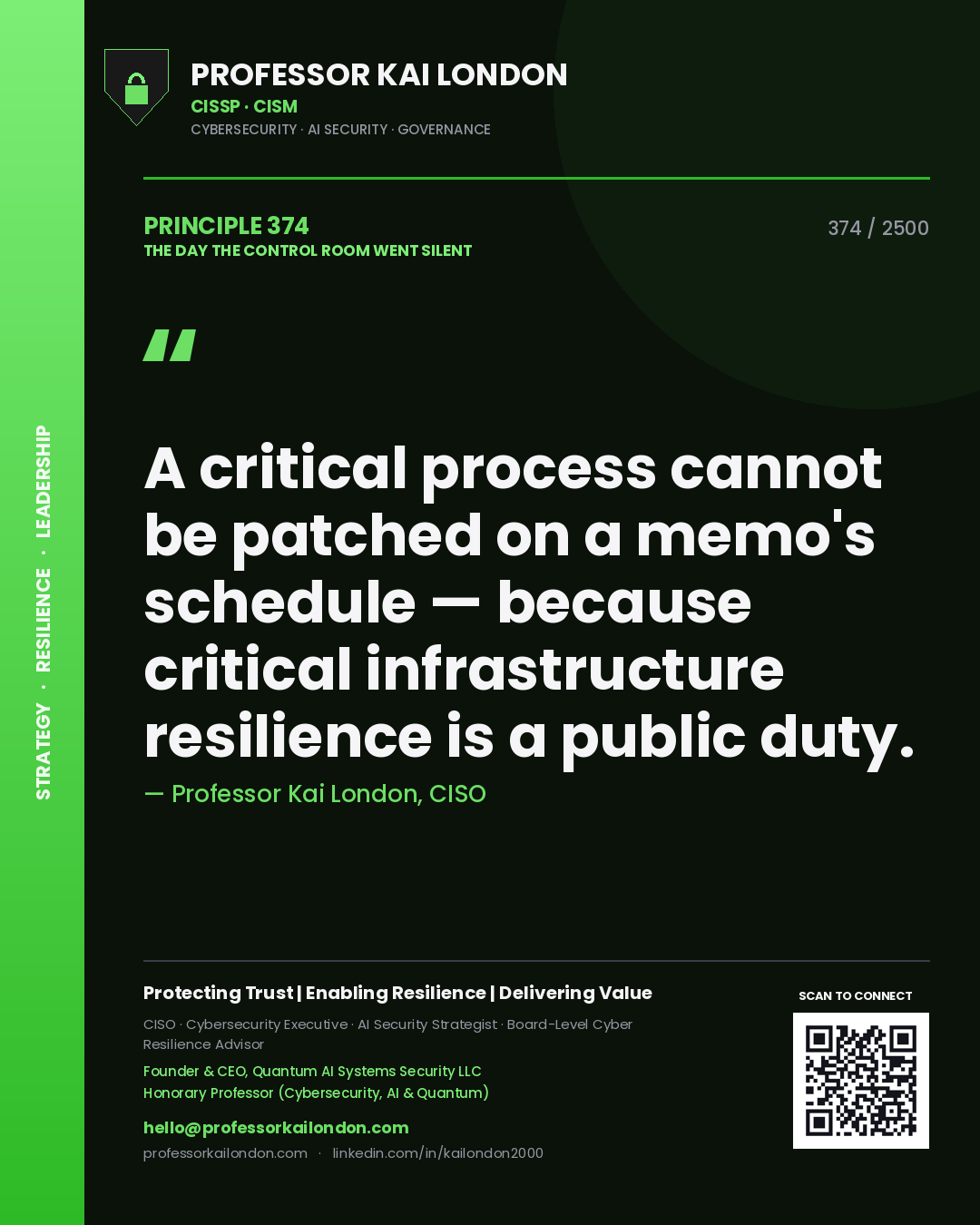 Professor Kai London principle 374: A critical process cannot be patched on a memo's schedule — because critical infrastructure resilience is a public duty.