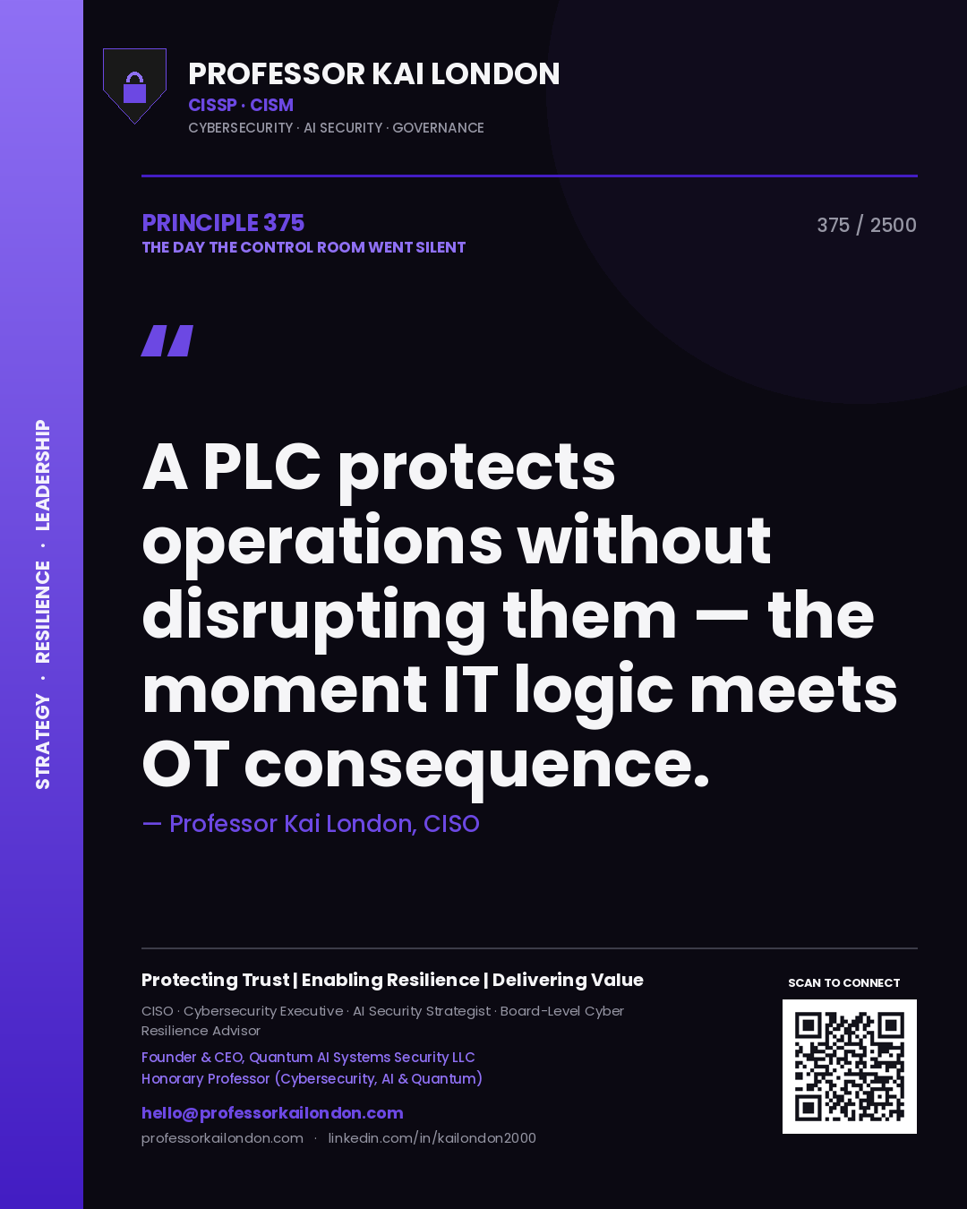 Quote card by Professor Kai London reading 'A PLC protects operations without disrupting them — the moment IT logic meets OT consequence.'. From the book The Day the Control Room Went Silent.