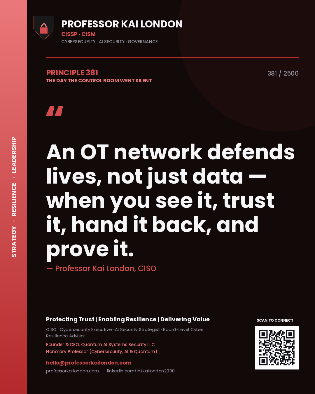 Quote card by Professor Kai London reading 'An OT network defends lives, not just data — when you see it, trust it, hand it back, and prove it.'. From the book The Day the Control Room Went Silent.