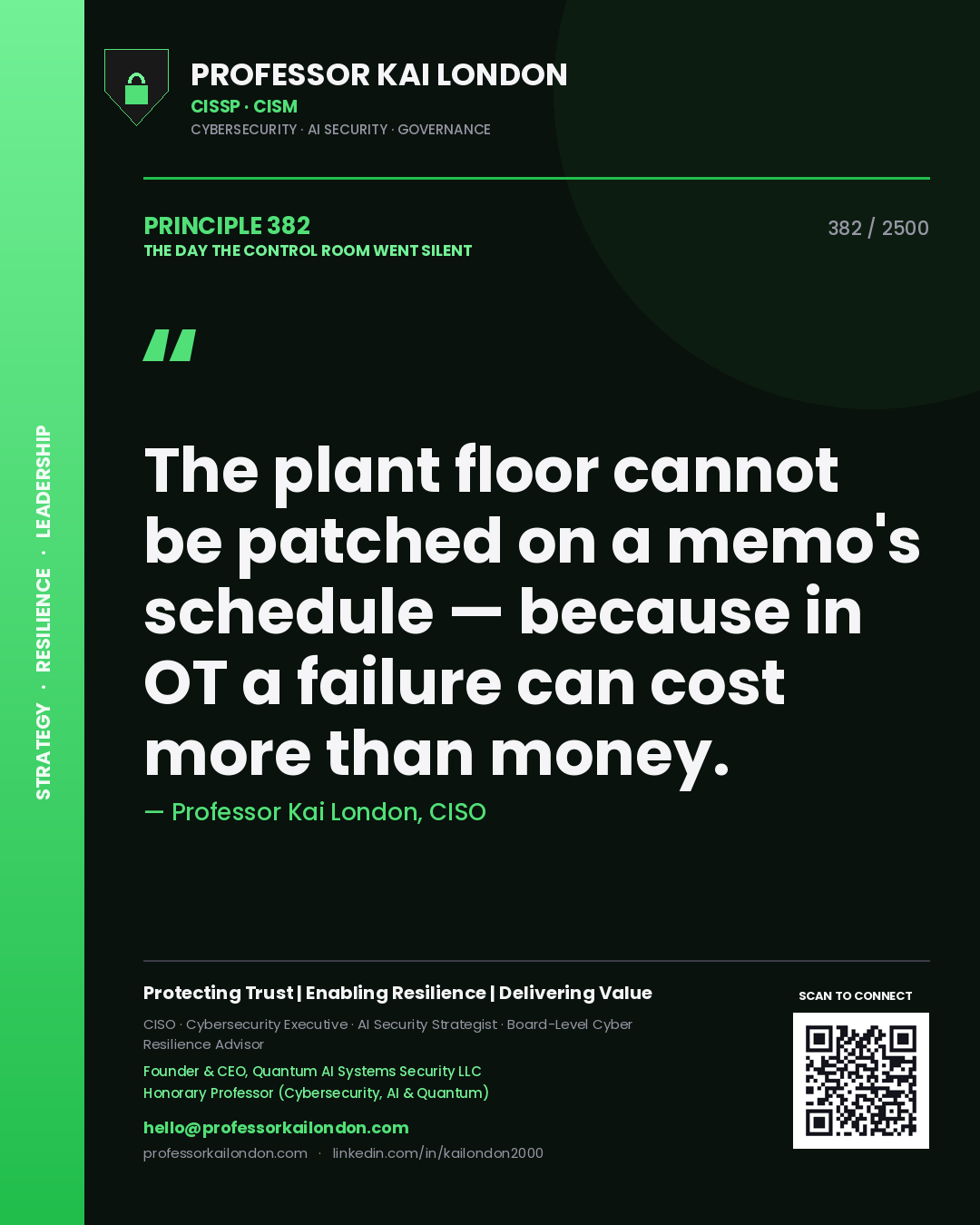 Quote card by Professor Kai London reading 'The plant floor cannot be patched on a memo's schedule — because in OT a failure can cost more than money.'. From the book The Day the Control Room Went Silent.