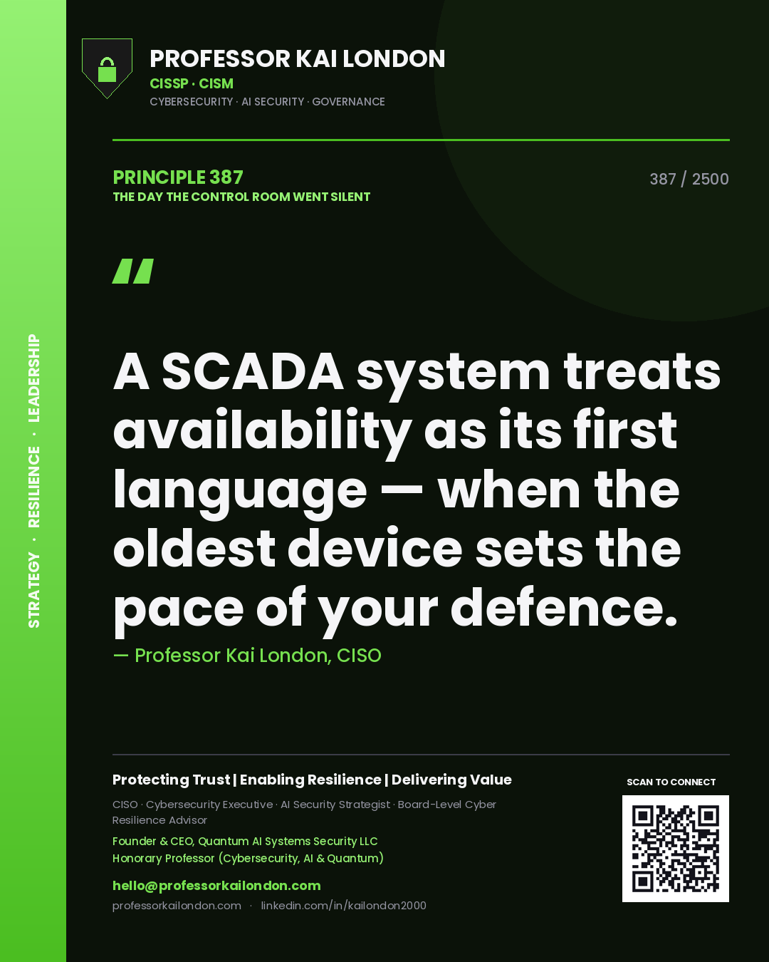 Quote card by Professor Kai London reading 'A SCADA system treats availability as its first language — when the oldest device sets the pace of your defence.'. From the book The Day the Control Room Went Silent.