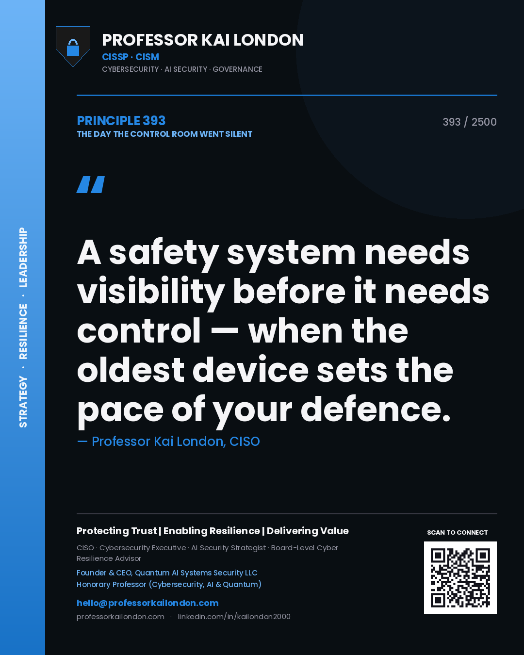 Quote card by Professor Kai London reading 'A safety system needs visibility before it needs control — when the oldest device sets the pace of your defence.'. From the book The Day the Control Room Went Silent.