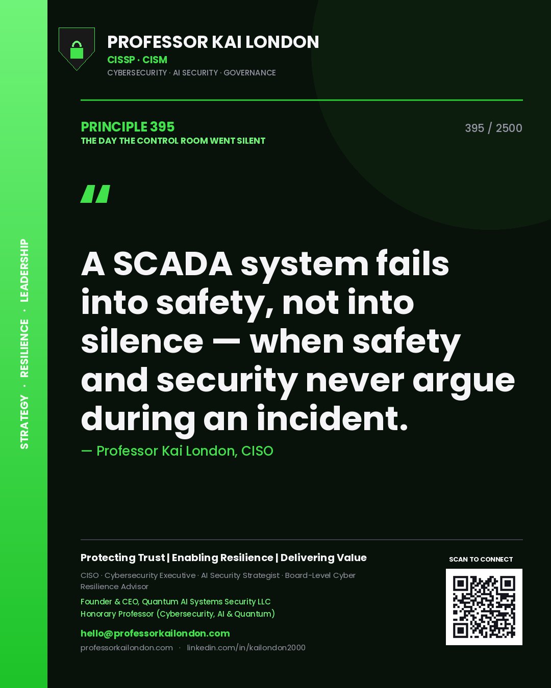 Professor Kai London principle 395: A SCADA system fails into safety, not into silence — when safety and security never argue during an incident.