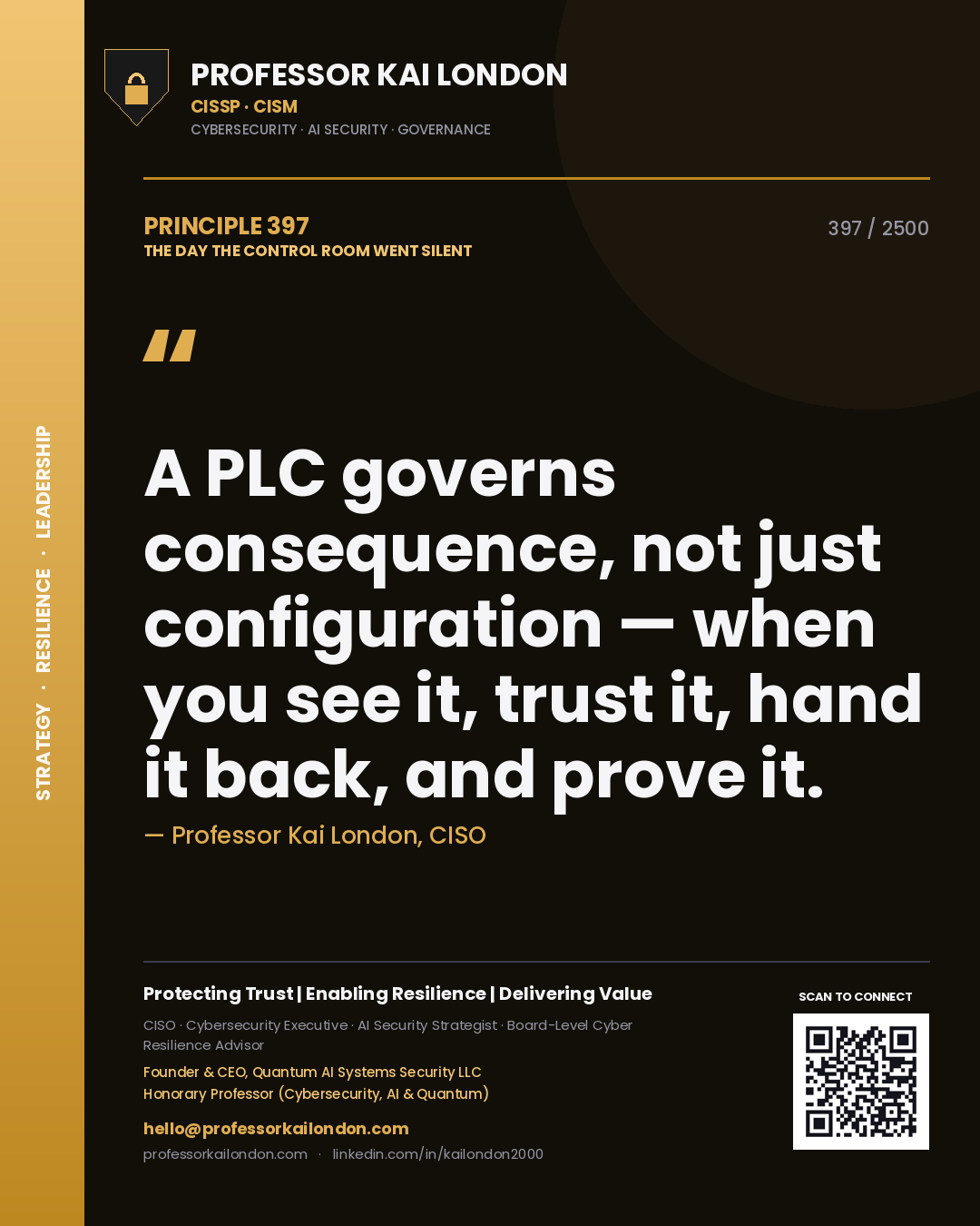 Professor Kai London principle 397: A PLC governs consequence, not just configuration — when you see it, trust it, hand it back, and prove it.
