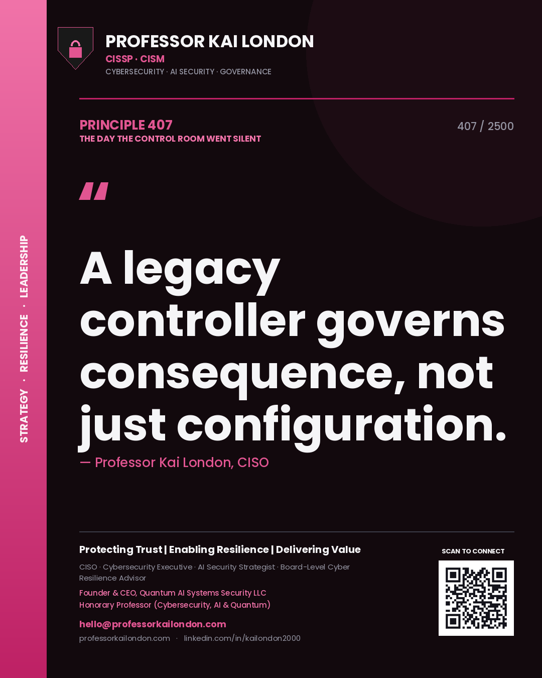 Quote card by Professor Kai London reading 'A legacy controller governs consequence, not just configuration.'. From the book The Day the Control Room Went Silent.