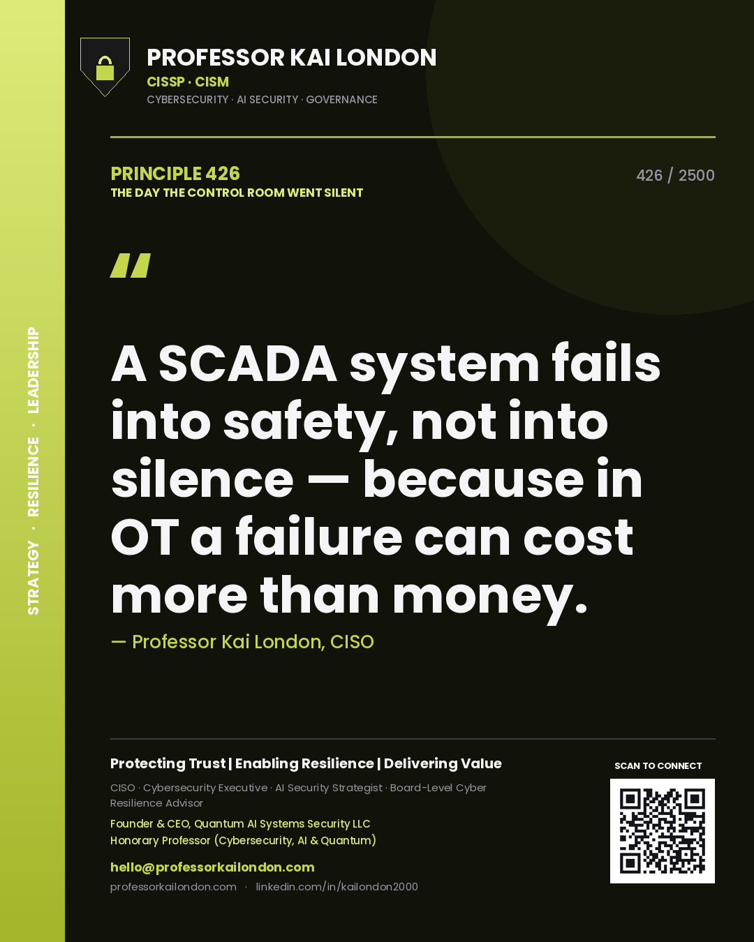 Quote card by Professor Kai London reading 'A SCADA system fails into safety, not into silence — because in OT a failure can cost more than money.'. From the book The Day the Control Room Went Silent.