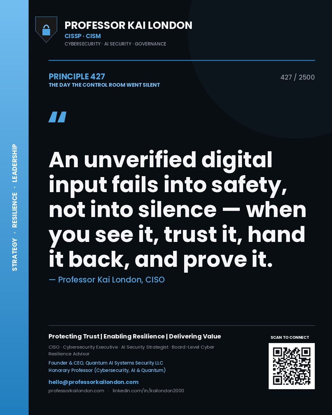 Professor Kai London principle 427: An unverified digital input fails into safety, not into silence — when you see it, trust it, hand it back, and prove it.