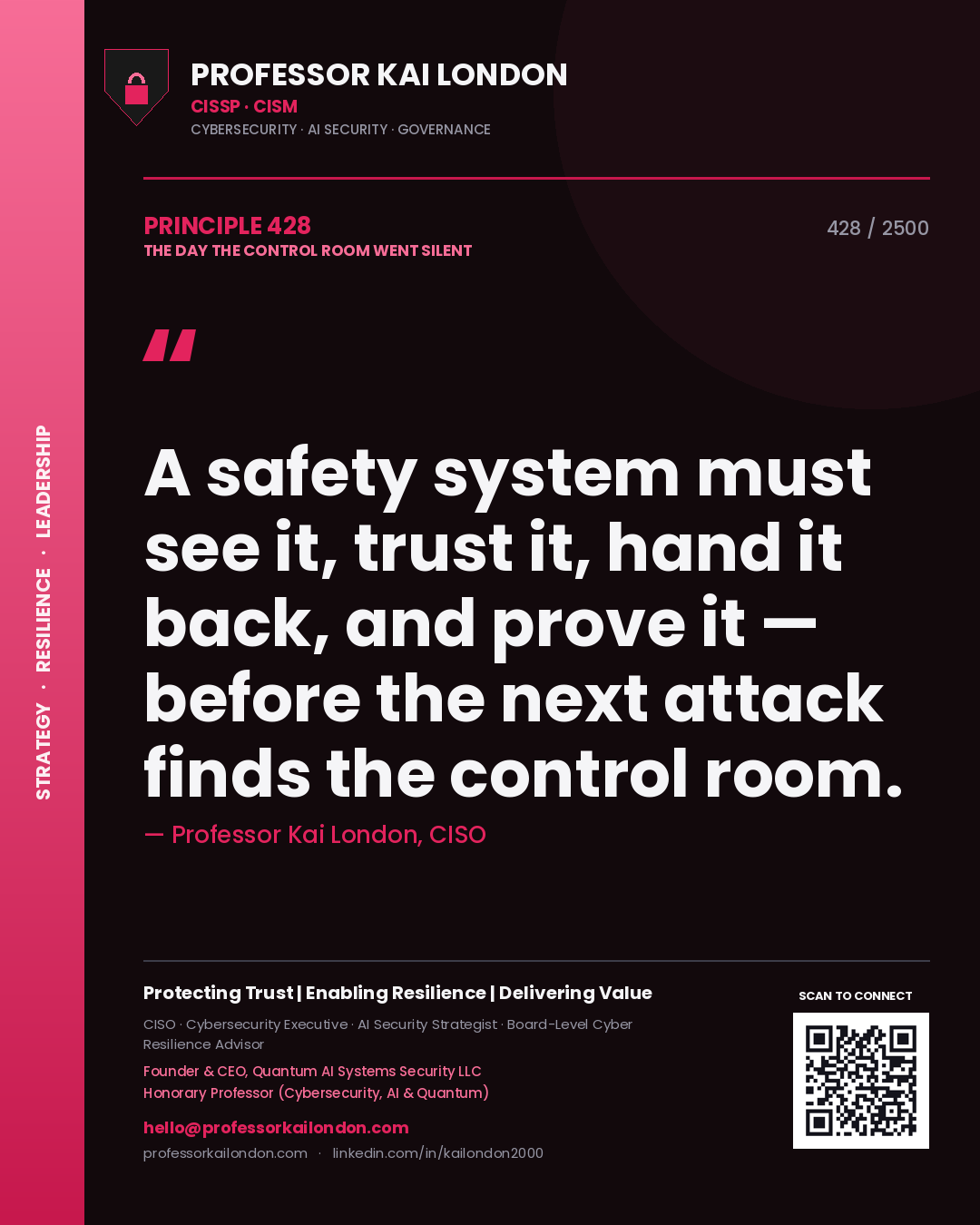 Quote card by Professor Kai London reading 'A safety system must see it, trust it, hand it back, and prove it — before the next attack finds the control room.'. From the book The Day the Control Room Went Silent.
