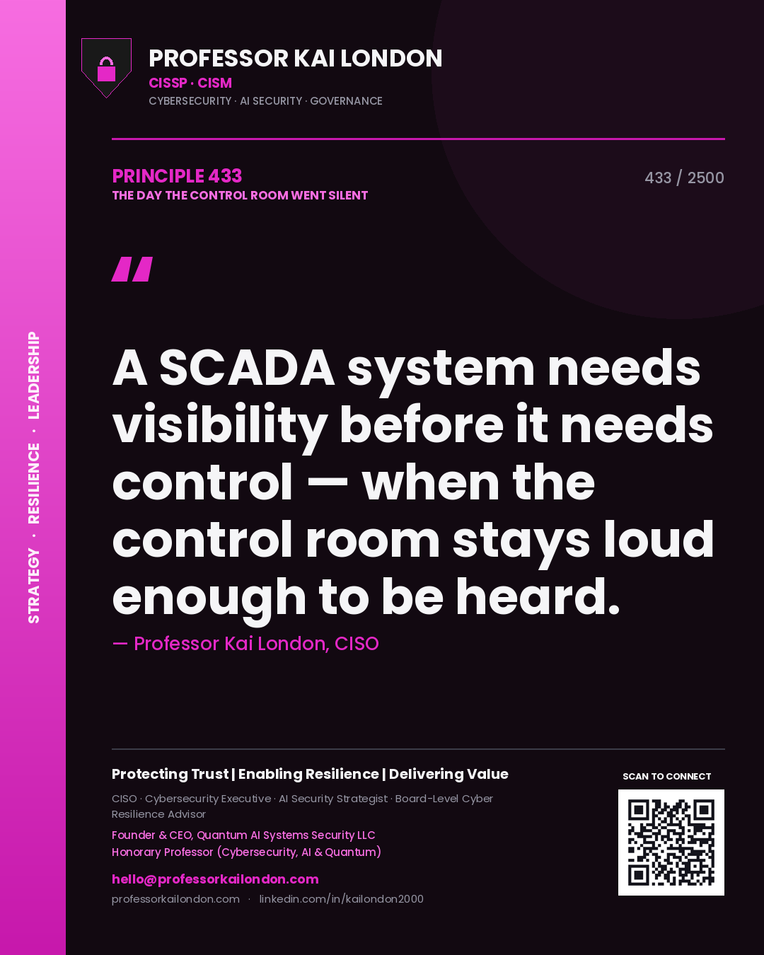 Quote card by Professor Kai London reading 'A SCADA system needs visibility before it needs control — when the control room stays loud enough to be heard.'. From the book The Day the Control Room Went Silent.