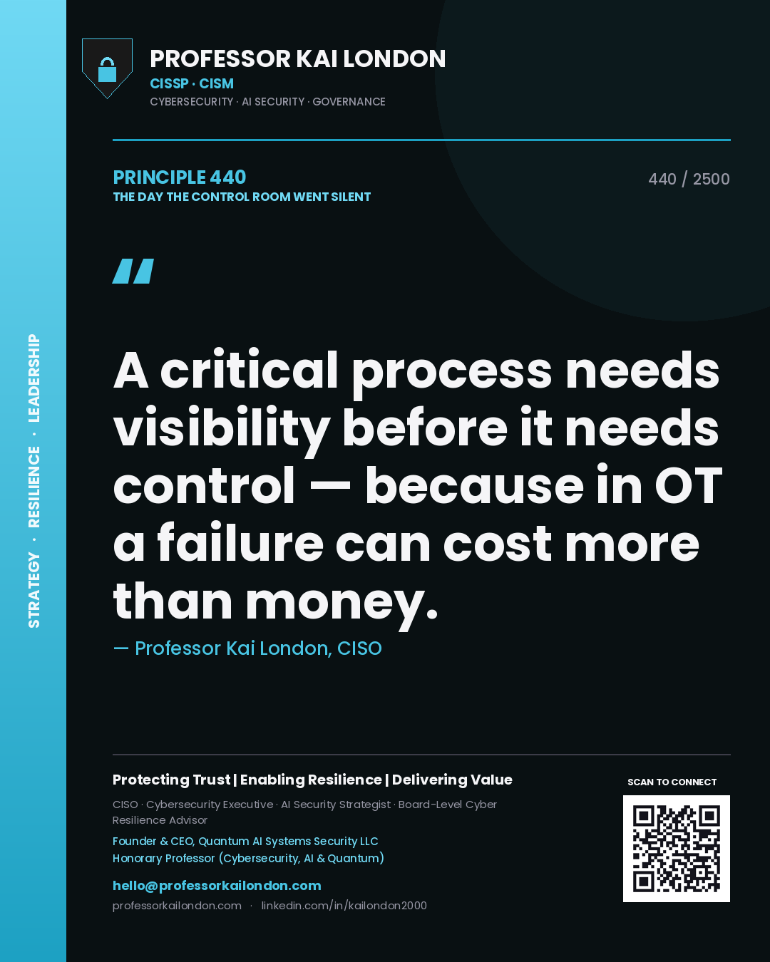 Professor Kai London principle 440: A critical process needs visibility before it needs control — because in OT a failure can cost more than money.