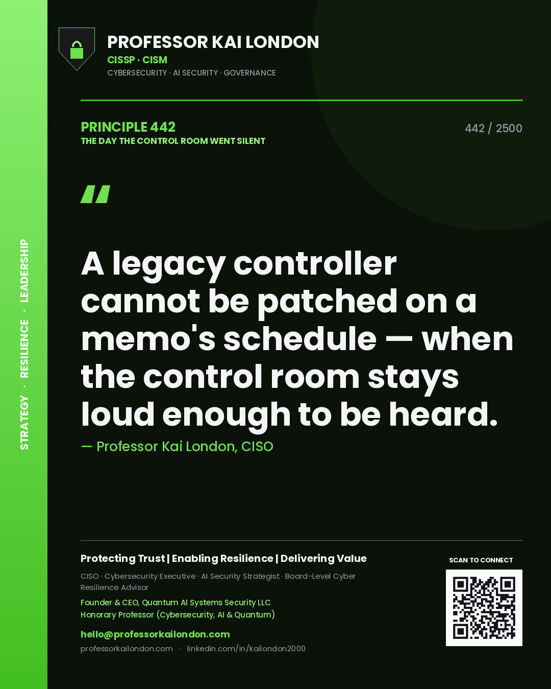 Professor Kai London principle 442: A legacy controller cannot be patched on a memo's schedule — when the control room stays loud enough to be heard.